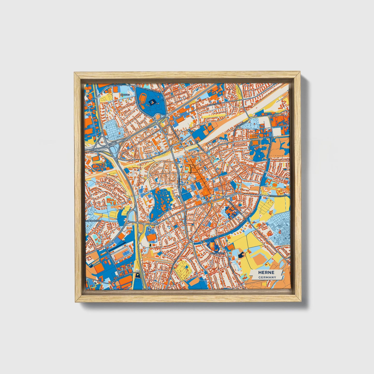 Herne Germany Colorful City Map Canvas Print • Natural Wooden Framed