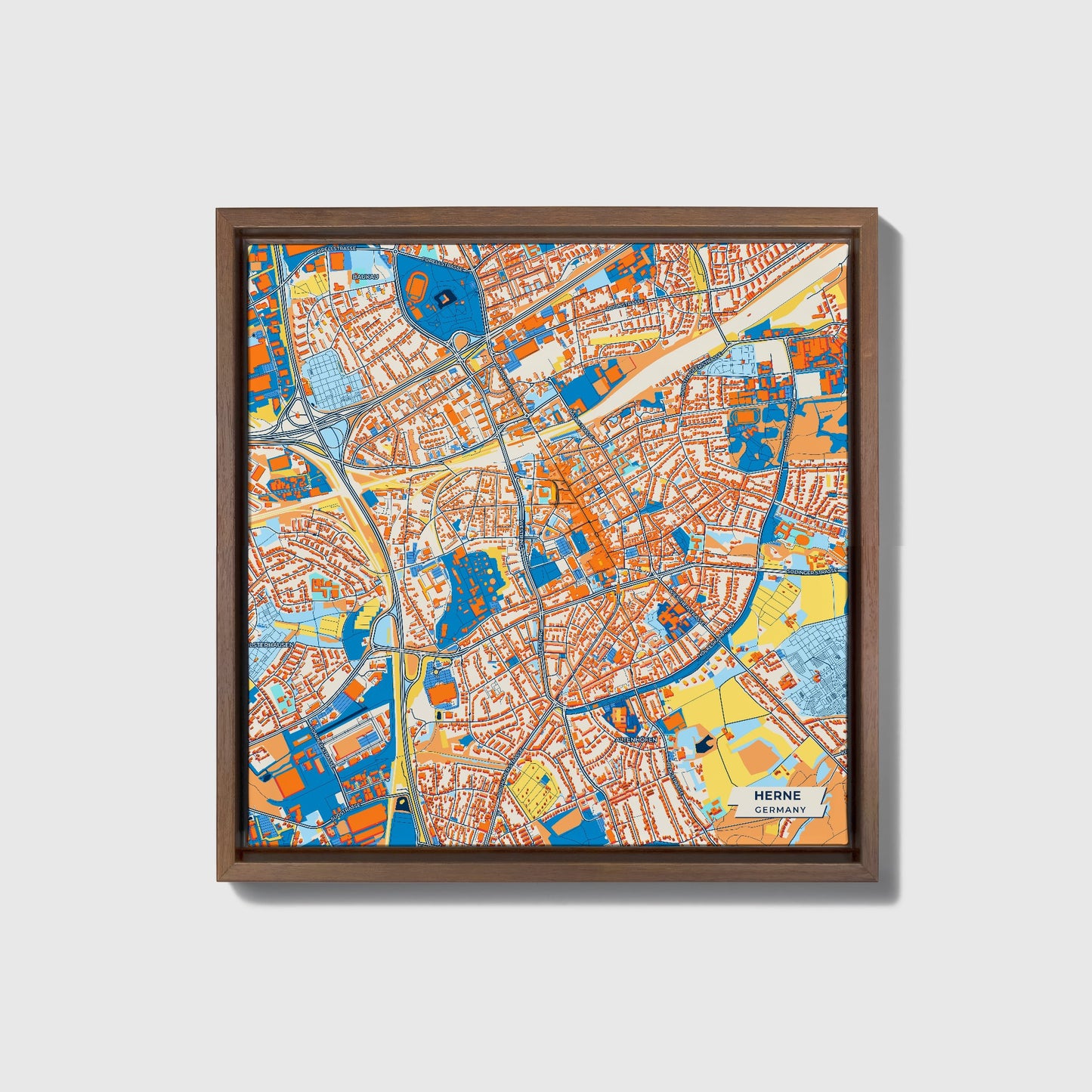 Herne Germany Colorful City Map Canvas Print • Dark Wooden Framed