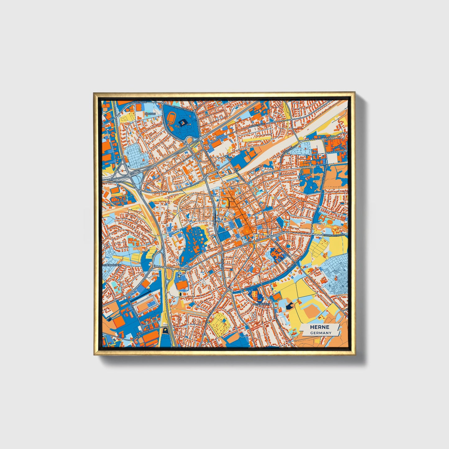 Herne Germany Colorful City Map Canvas Print • Gold Framed