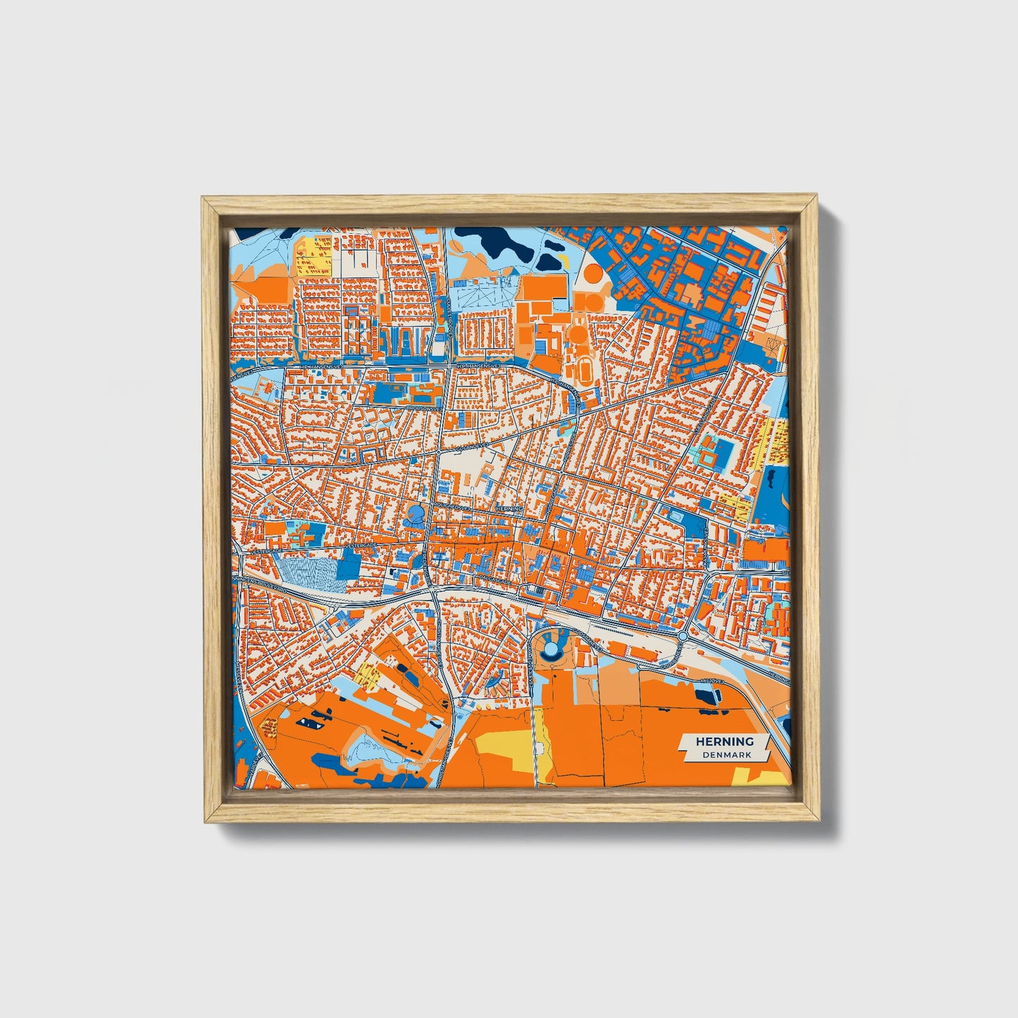 Herning Denmark Colorful City Map Canvas Print • Natural Wooden Framed