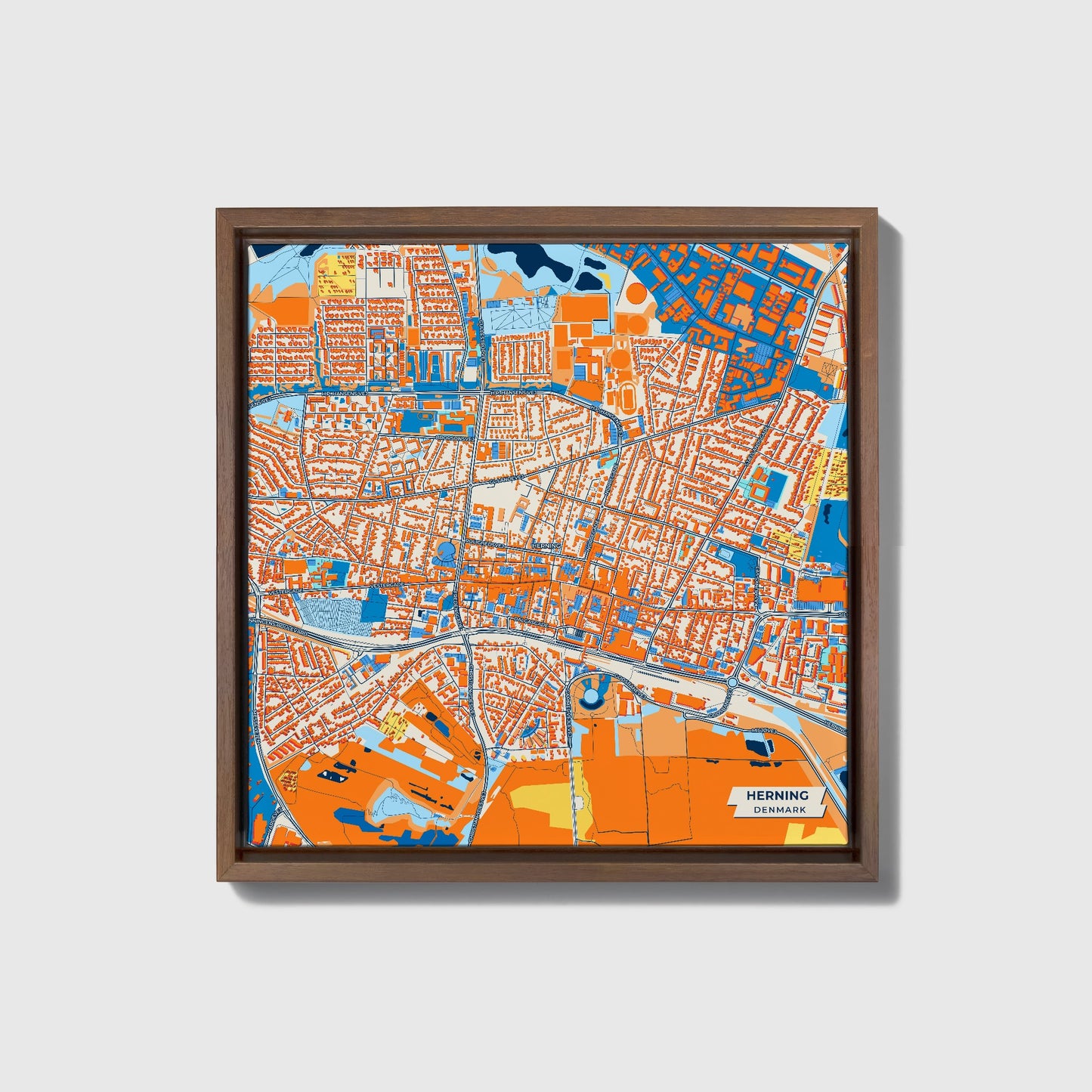 Herning Denmark Colorful City Map Canvas Print • Dark Wooden Framed