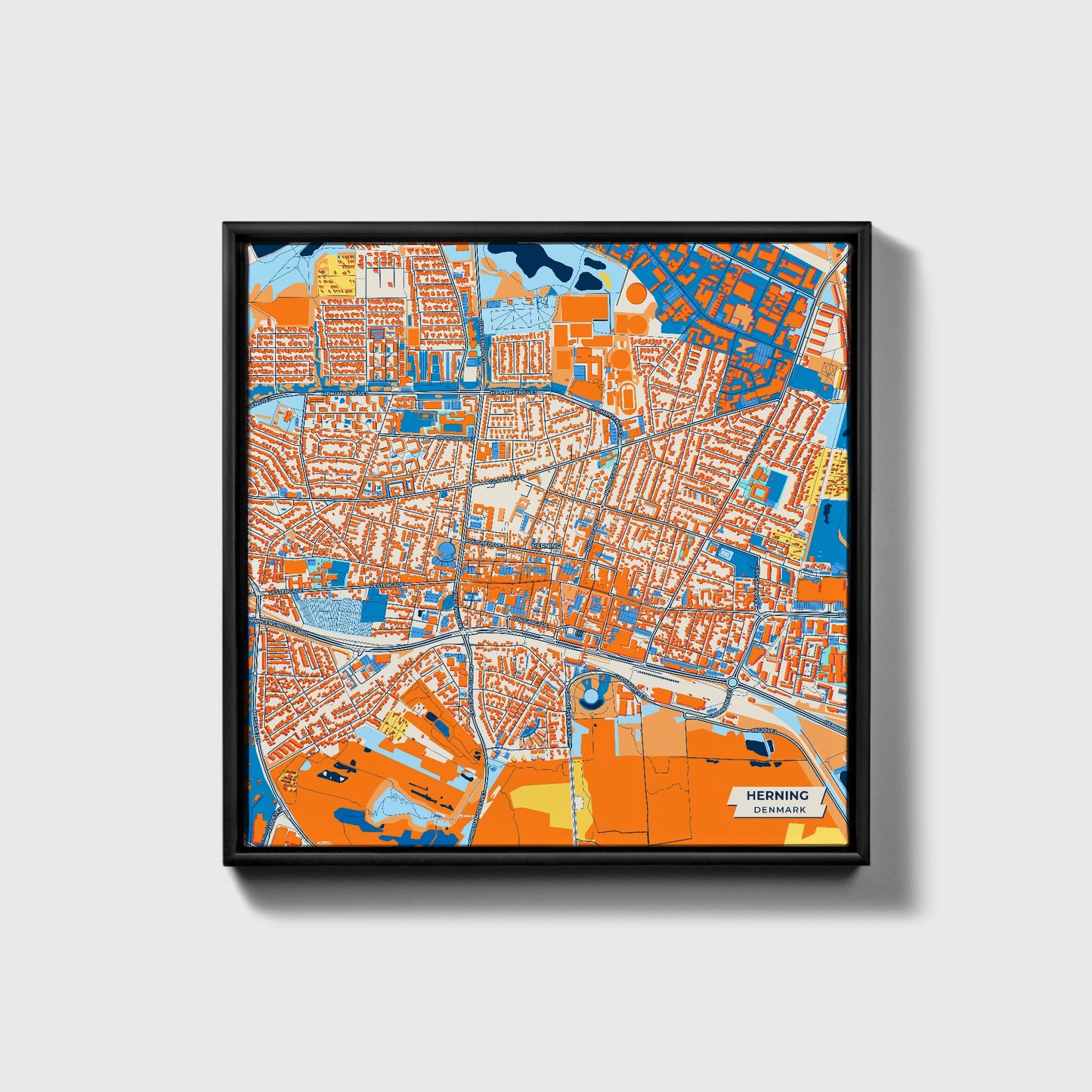 Herning Denmark Colorful City Map Canvas Print • Black Framed