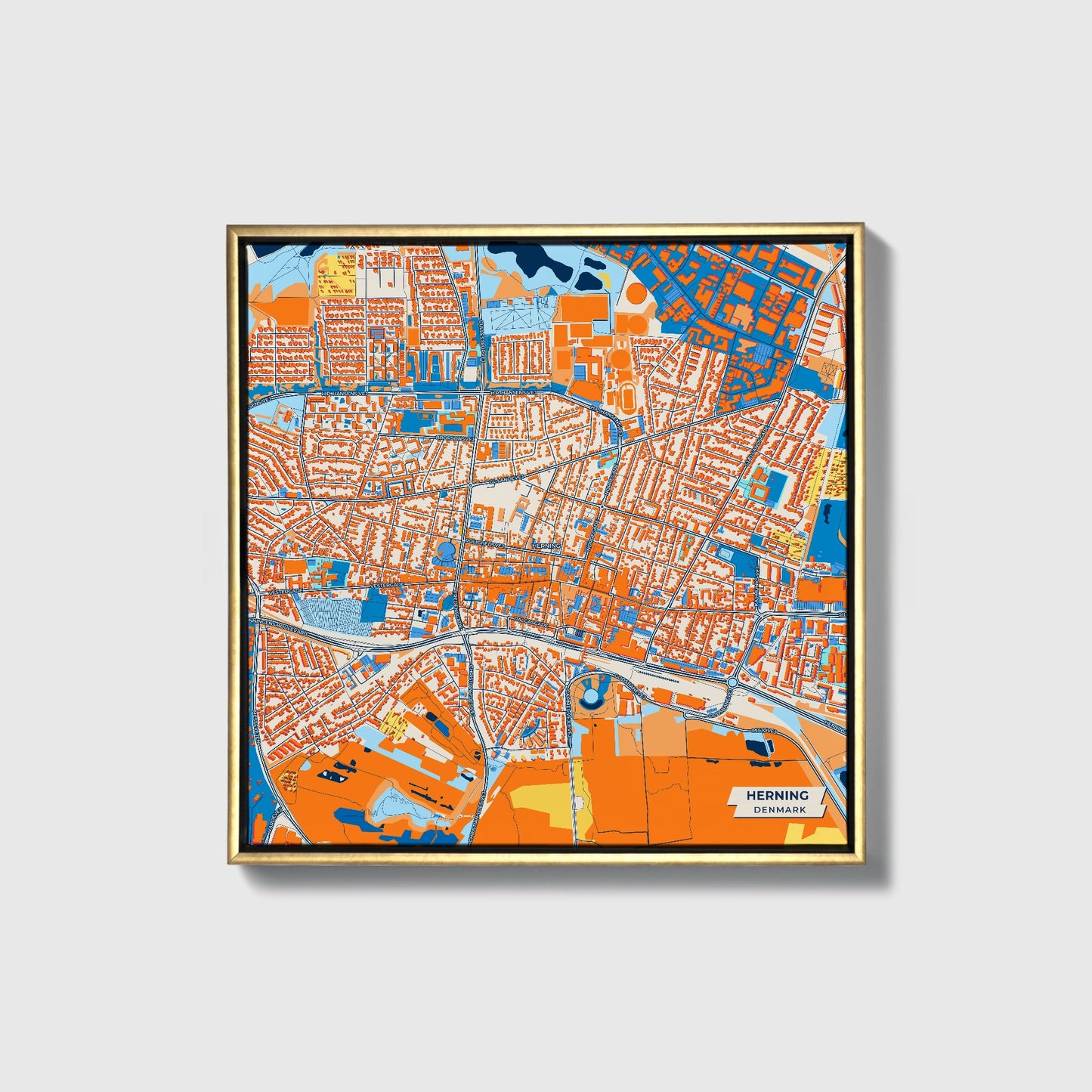 Herning Denmark Colorful City Map Canvas Print • Gold Framed