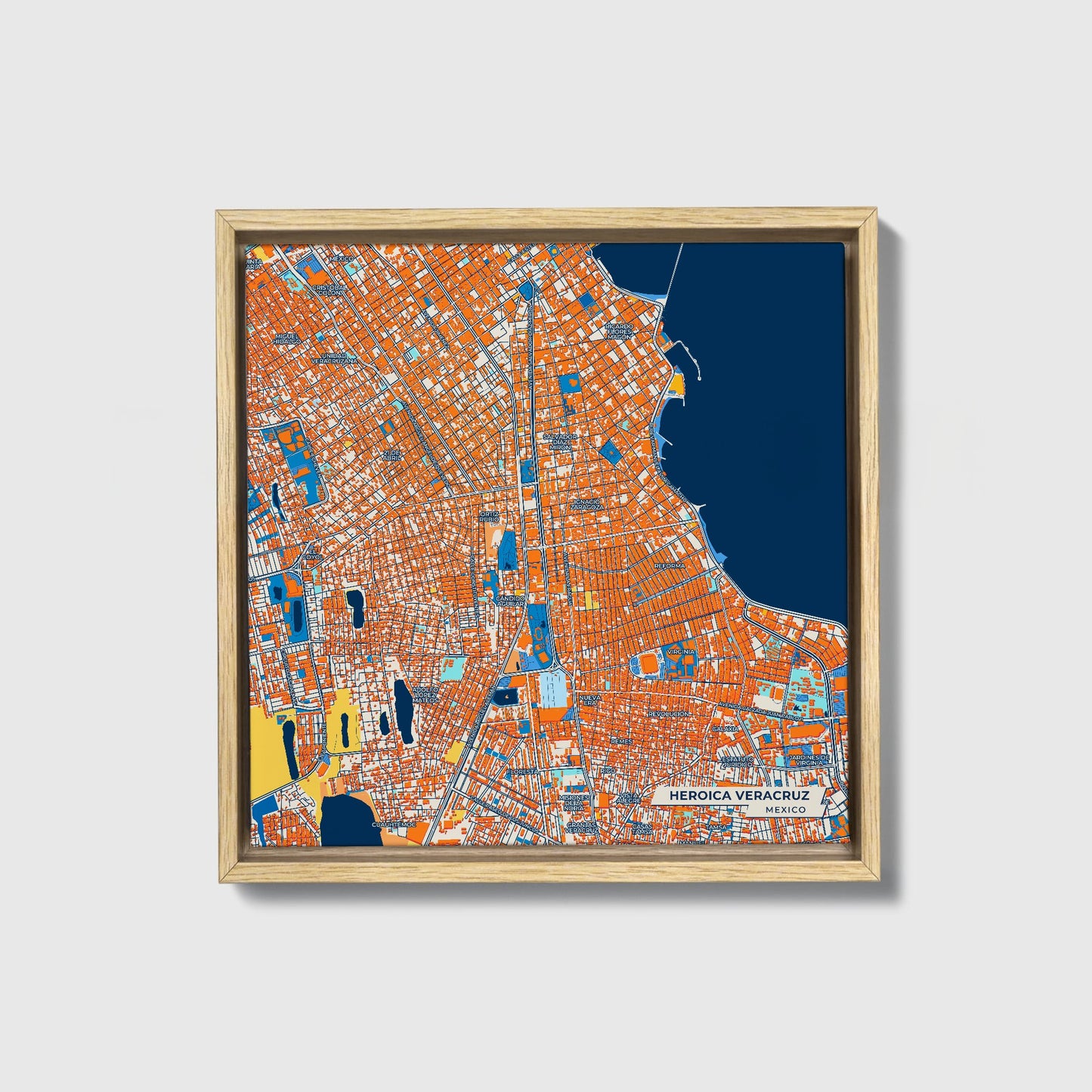 Heroica Veracruz Mexico Colorful City Map Canvas Print • Natural Wooden Framed
