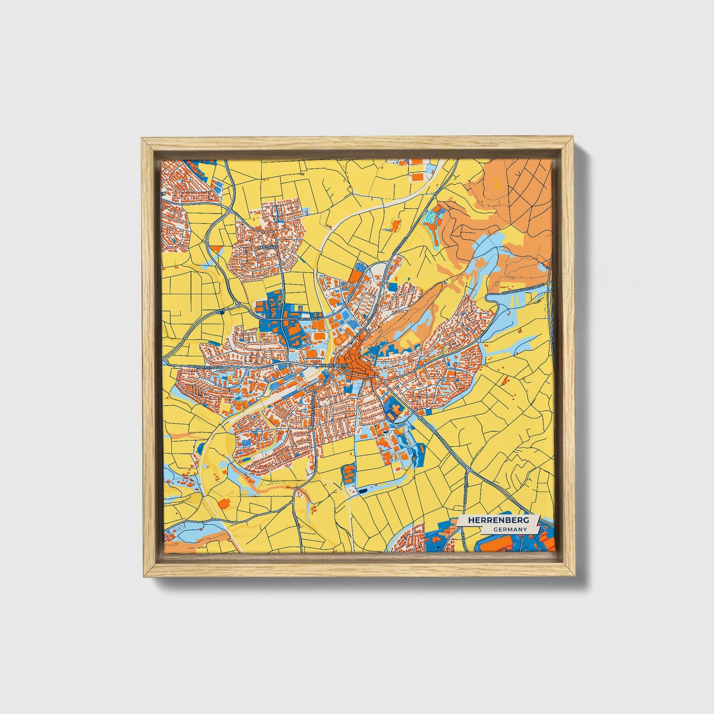 Herrenberg Germany Colorful City Map Canvas Print • Natural Wooden Framed