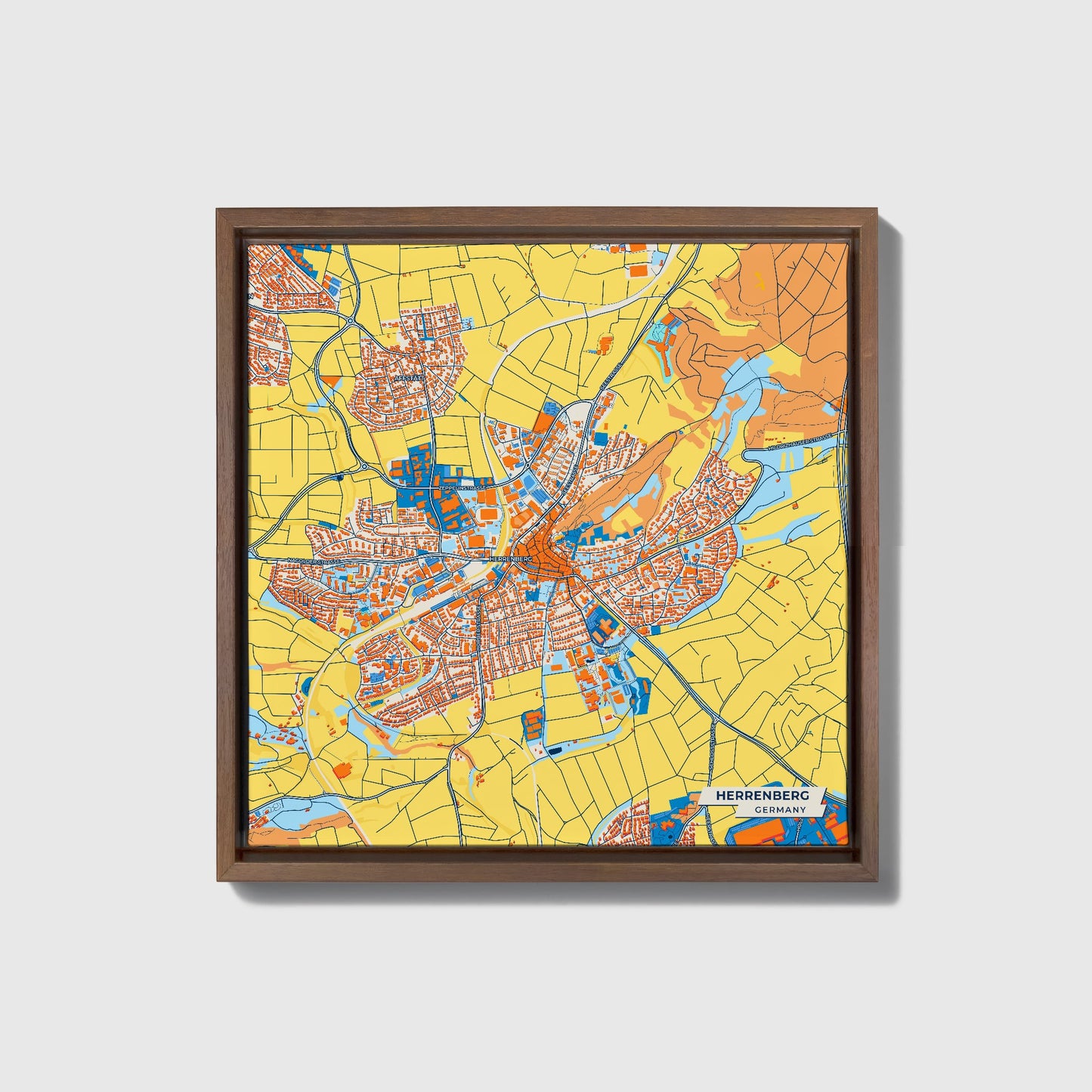 Herrenberg Germany Colorful City Map Canvas Print • Dark Wooden Framed