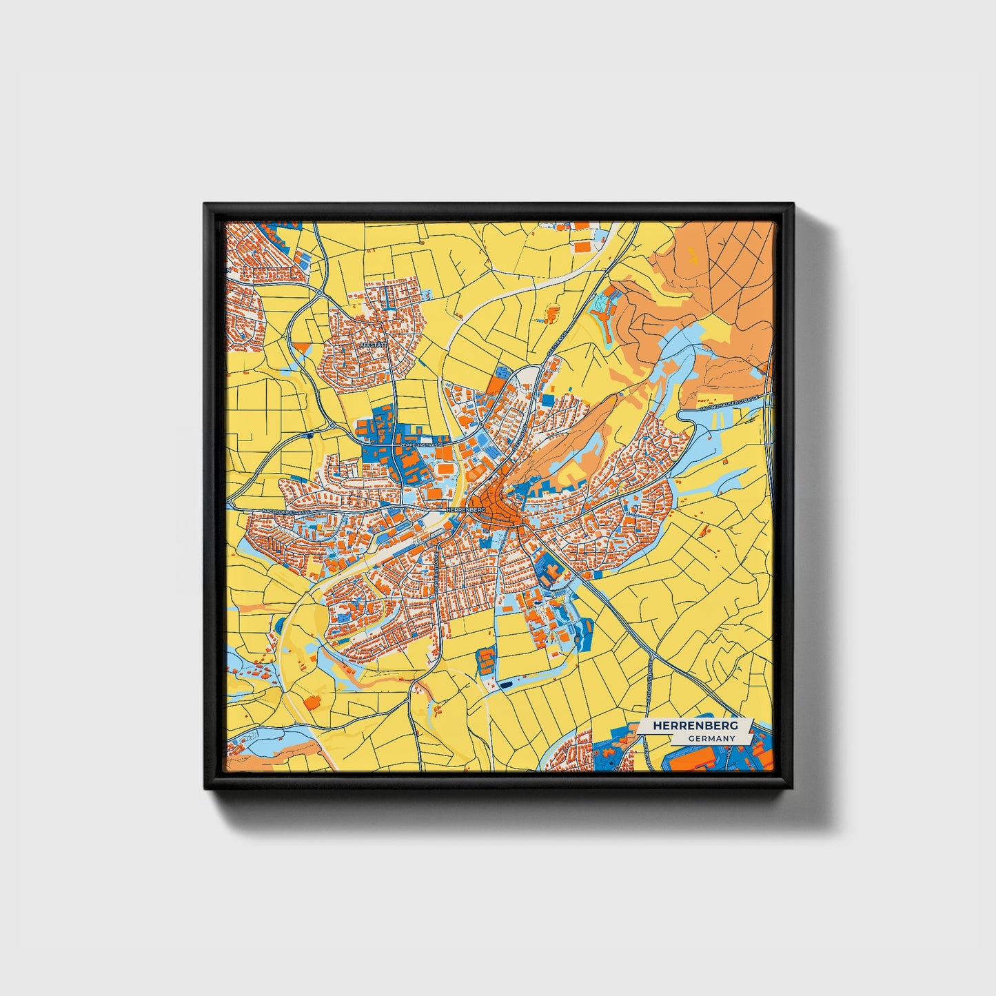 Herrenberg Germany Colorful City Map Canvas Print • Black Framed
