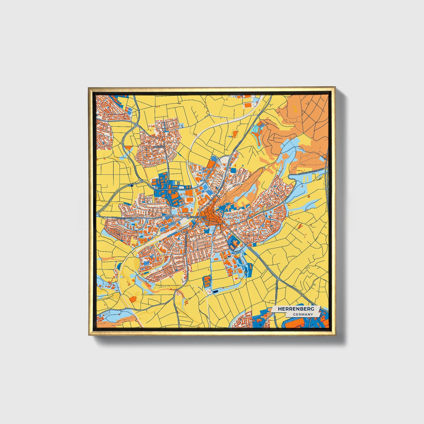 Herrenberg Germany Colorful City Map Canvas Print • Gold Framed