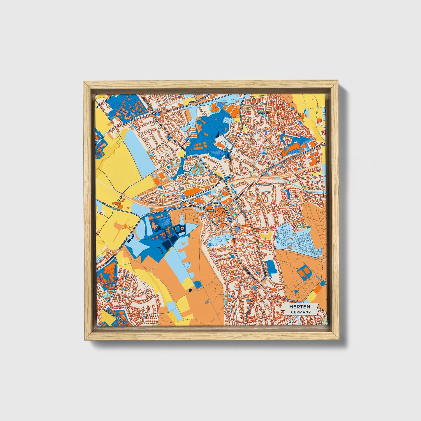 Herten Germany Colorful City Map Canvas Print • Natural Wooden Framed