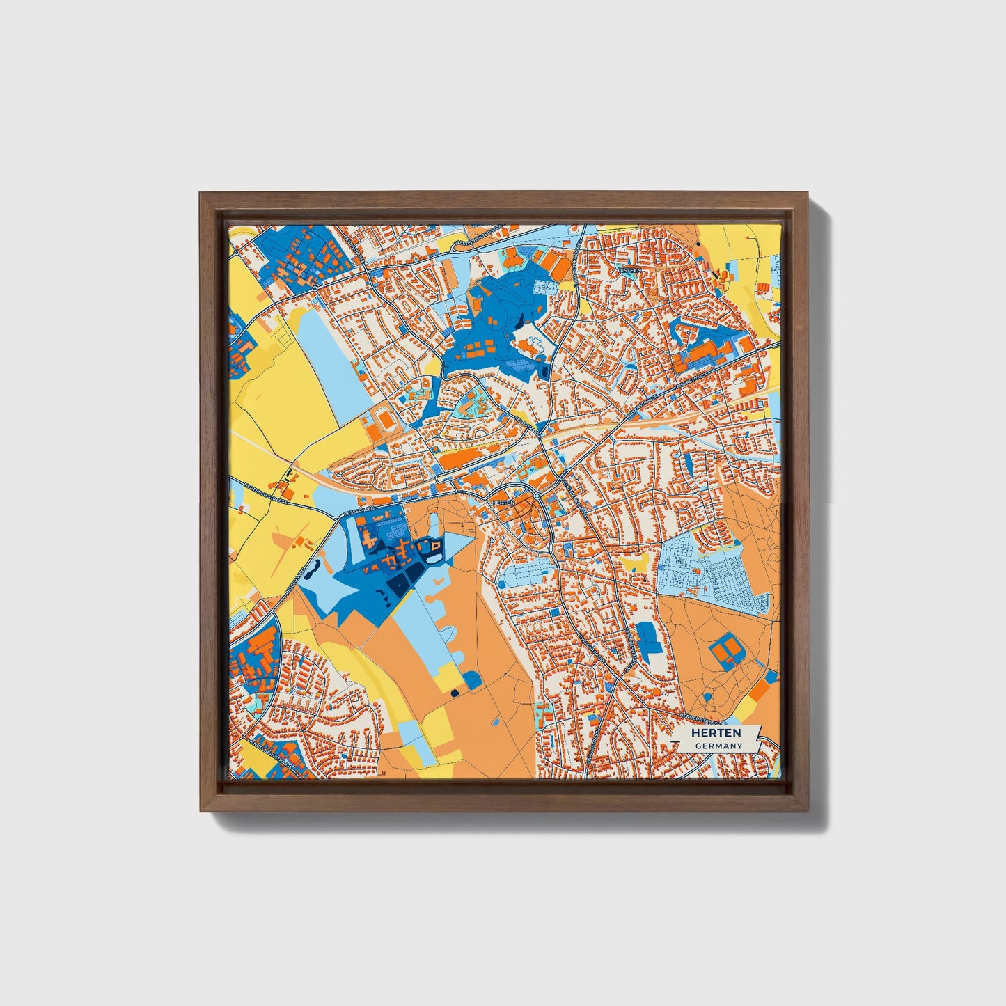 Herten Germany Colorful City Map Canvas Print • Dark Wooden Framed