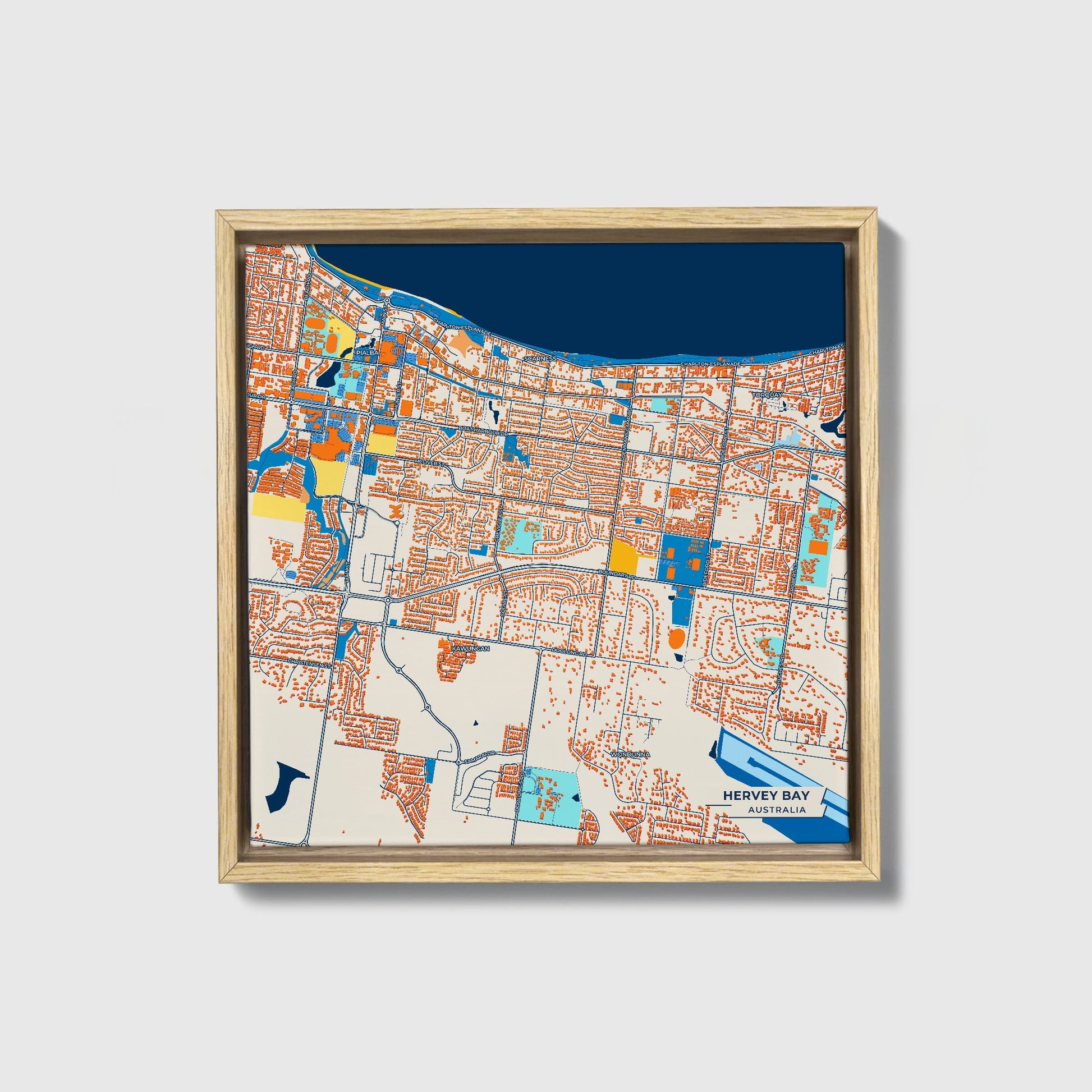 Hervey Bay Australia Colorful City Map Canvas Print • Natural Wooden Framed
