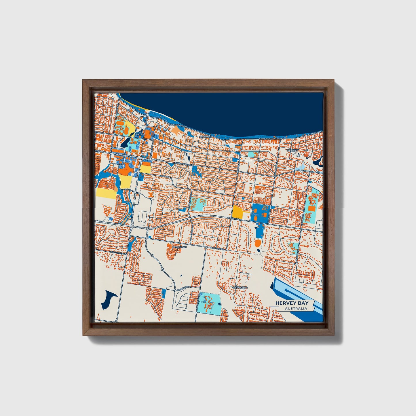 Hervey Bay Australia Colorful City Map Canvas Print • Dark Wooden Framed