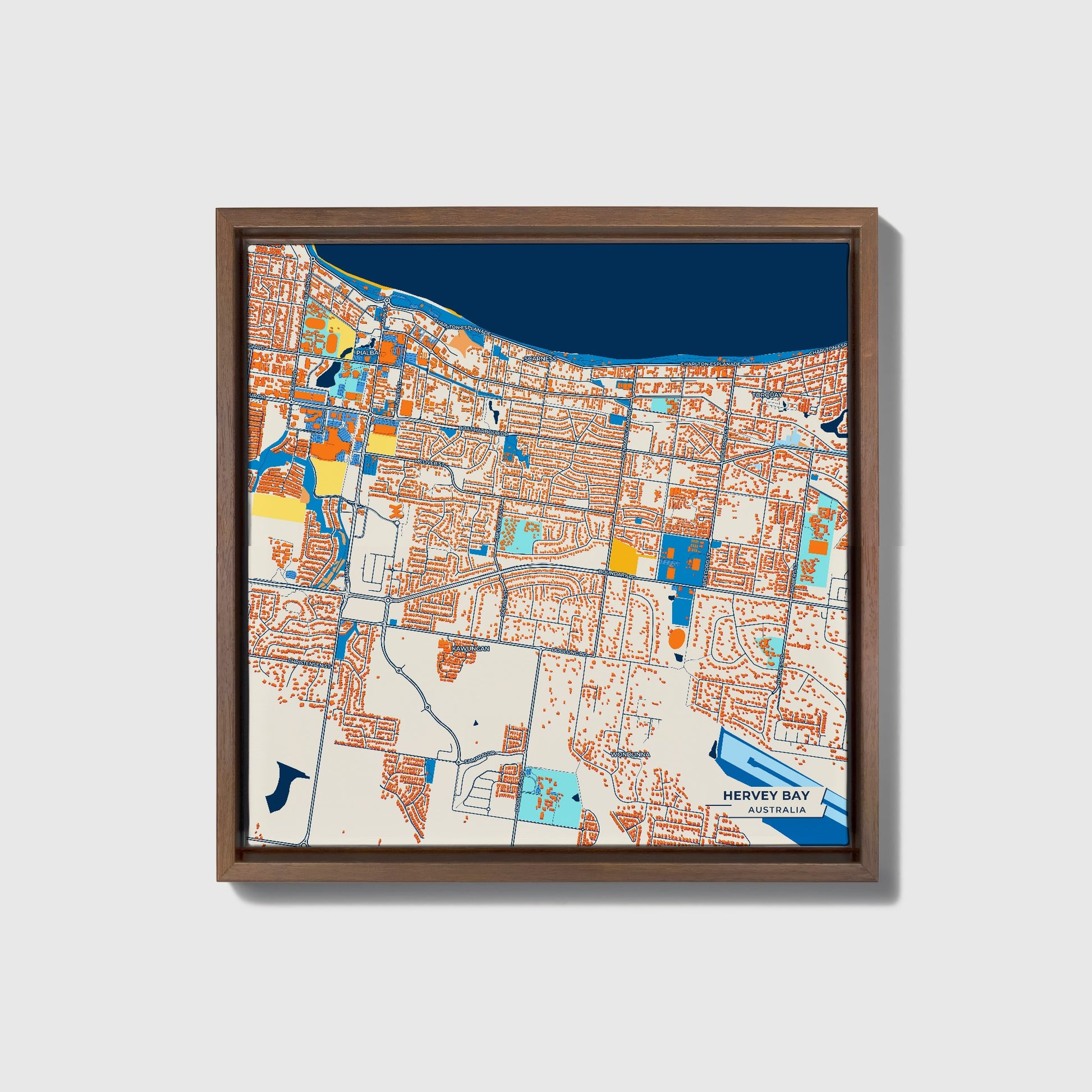 Hervey Bay Australia Colorful City Map Canvas Print • Dark Wooden Framed