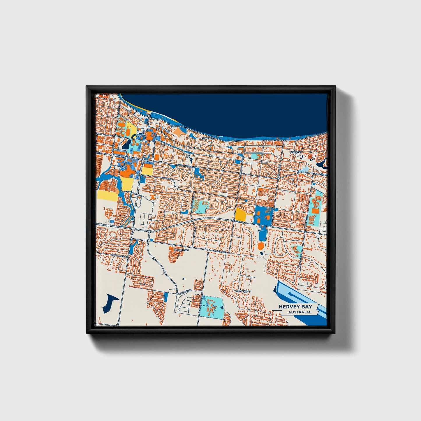 Hervey Bay Australia Colorful City Map Canvas Print • Black Framed