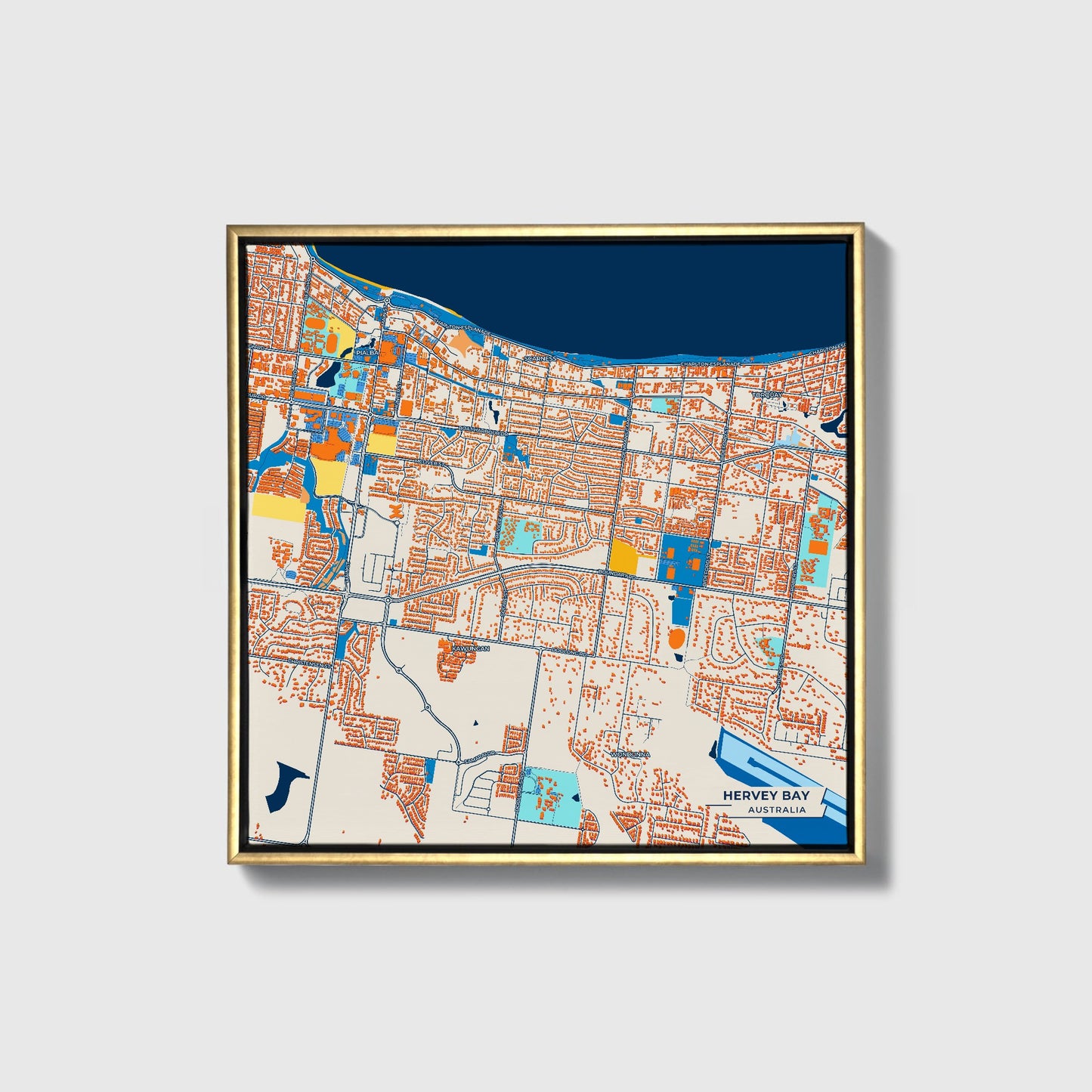 Hervey Bay Australia Colorful City Map Canvas Print • Gold Framed