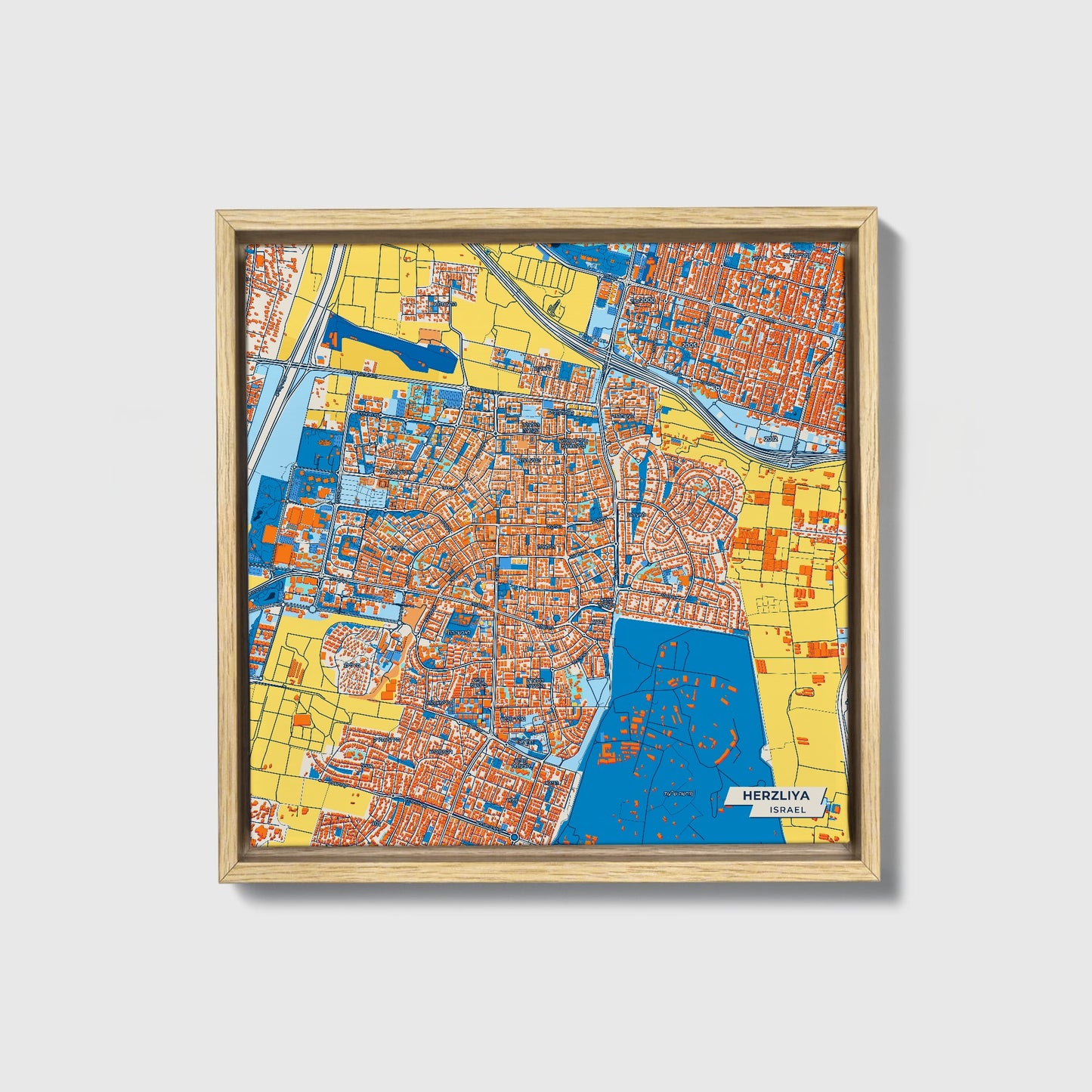 Herzliya Israel Colorful City Map Canvas Print • Natural Wooden Framed