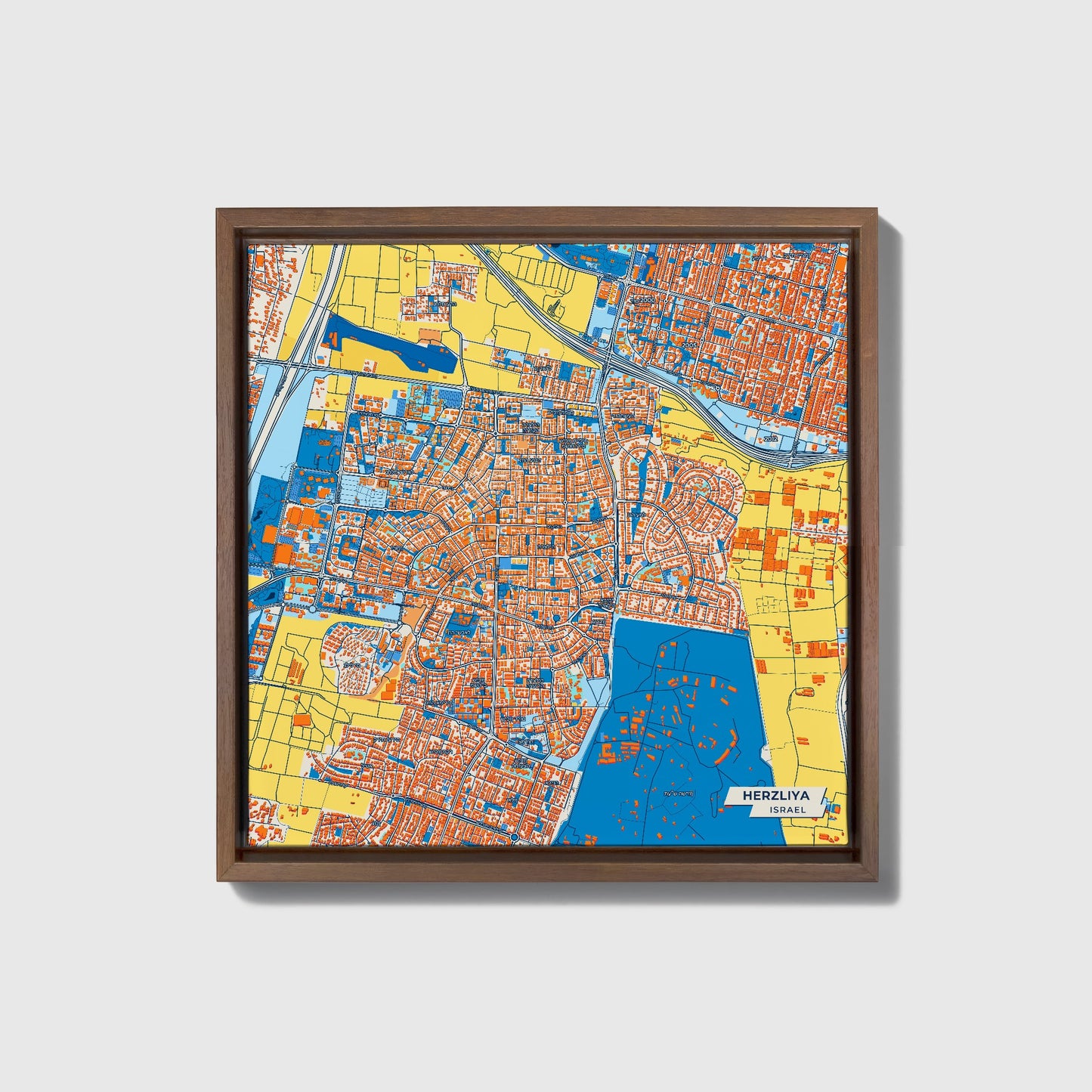 Herzliya Israel Colorful City Map Canvas Print • Dark Wooden Framed