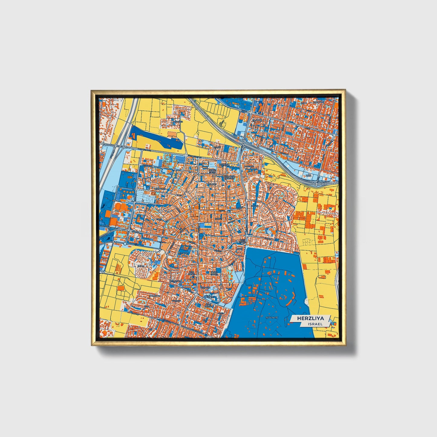 Herzliya Israel Colorful City Map Canvas Print • Gold Framed