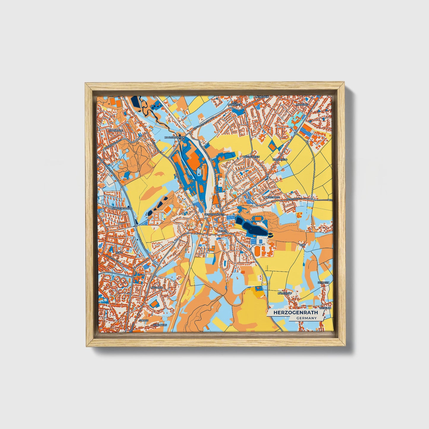 Herzogenrath Germany Colorful City Map Canvas Print • Natural Wooden Framed