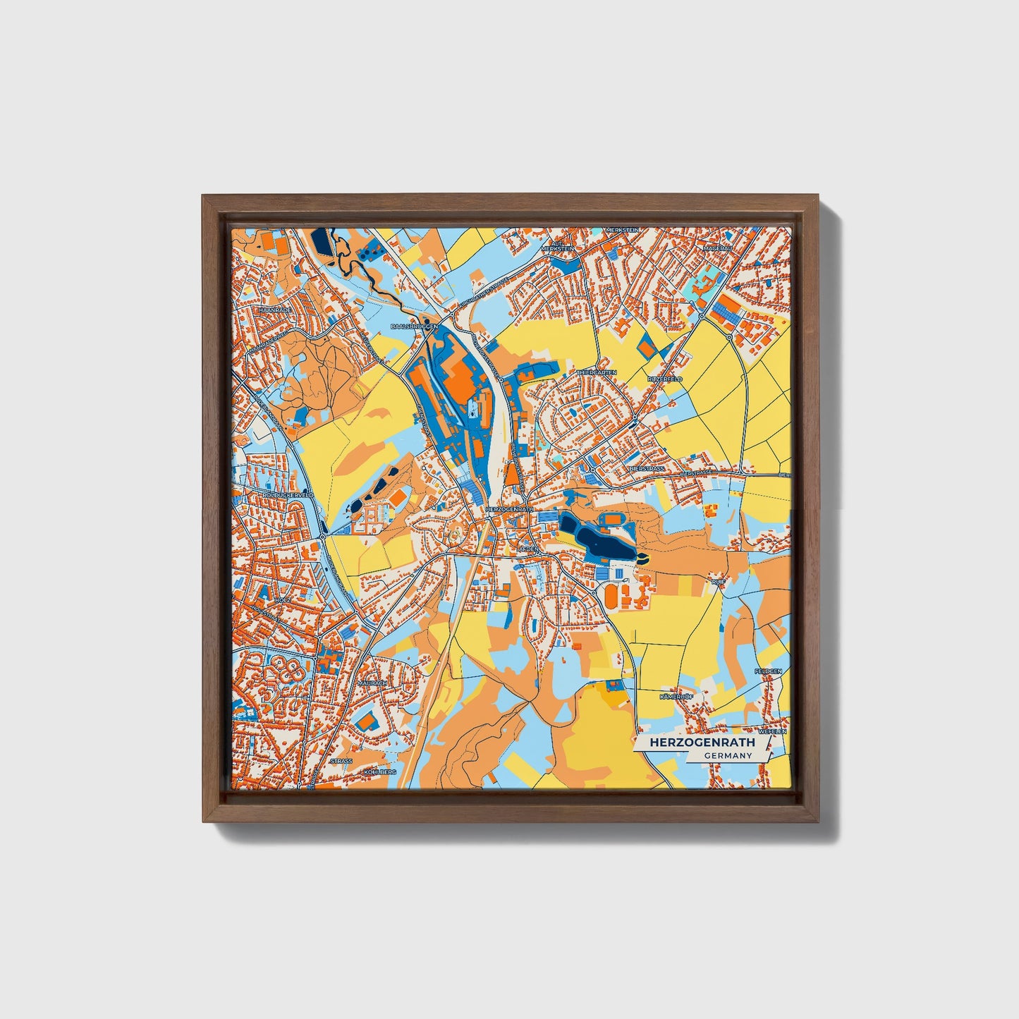 Herzogenrath Germany Colorful City Map Canvas Print • Dark Wooden Framed