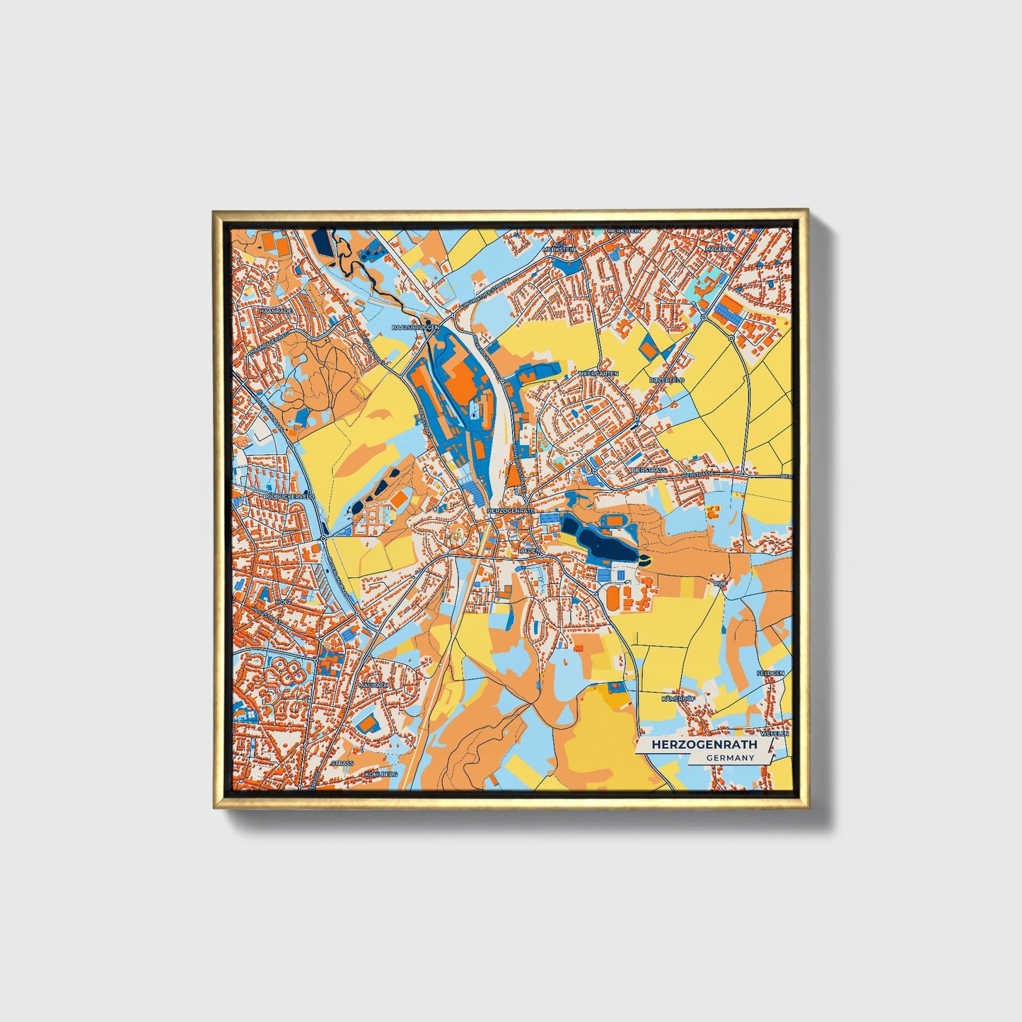 Herzogenrath Germany Colorful City Map Canvas Print • Gold Framed