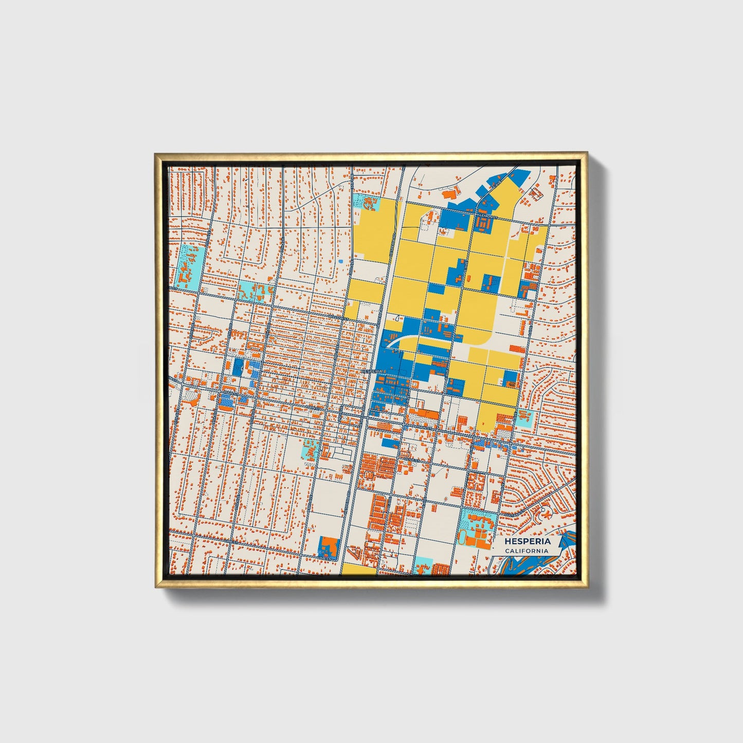 Hesperia California Colorful City Map Canvas Print • Gold Framed