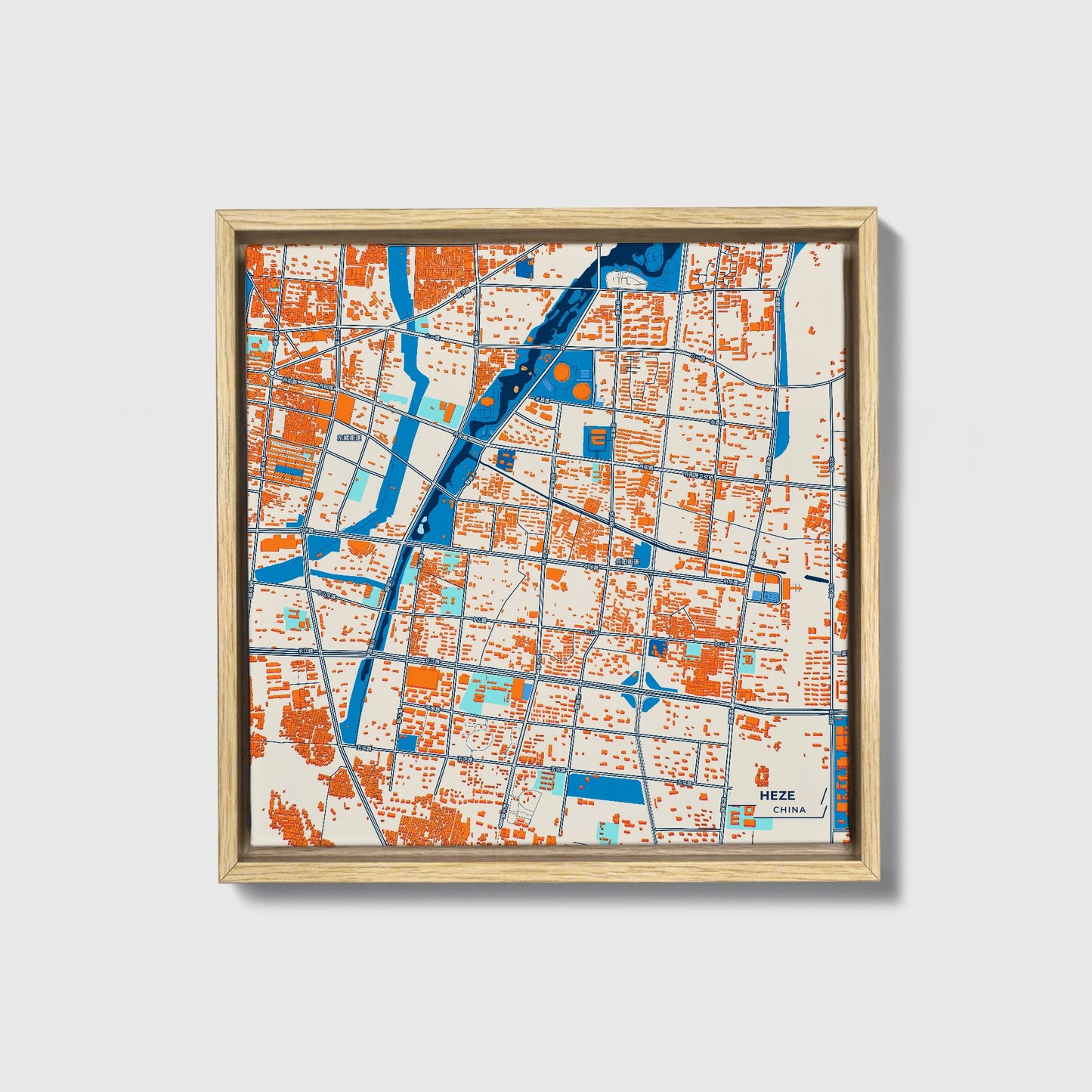 Heze China Colorful City Map Canvas Print • Natural Wooden Framed