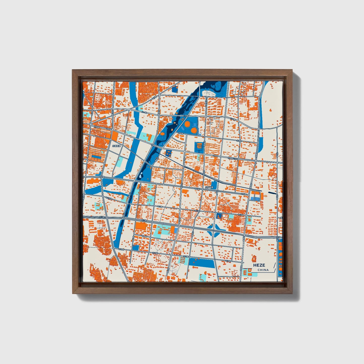 Heze China Colorful City Map Canvas Print • Dark Wooden Framed