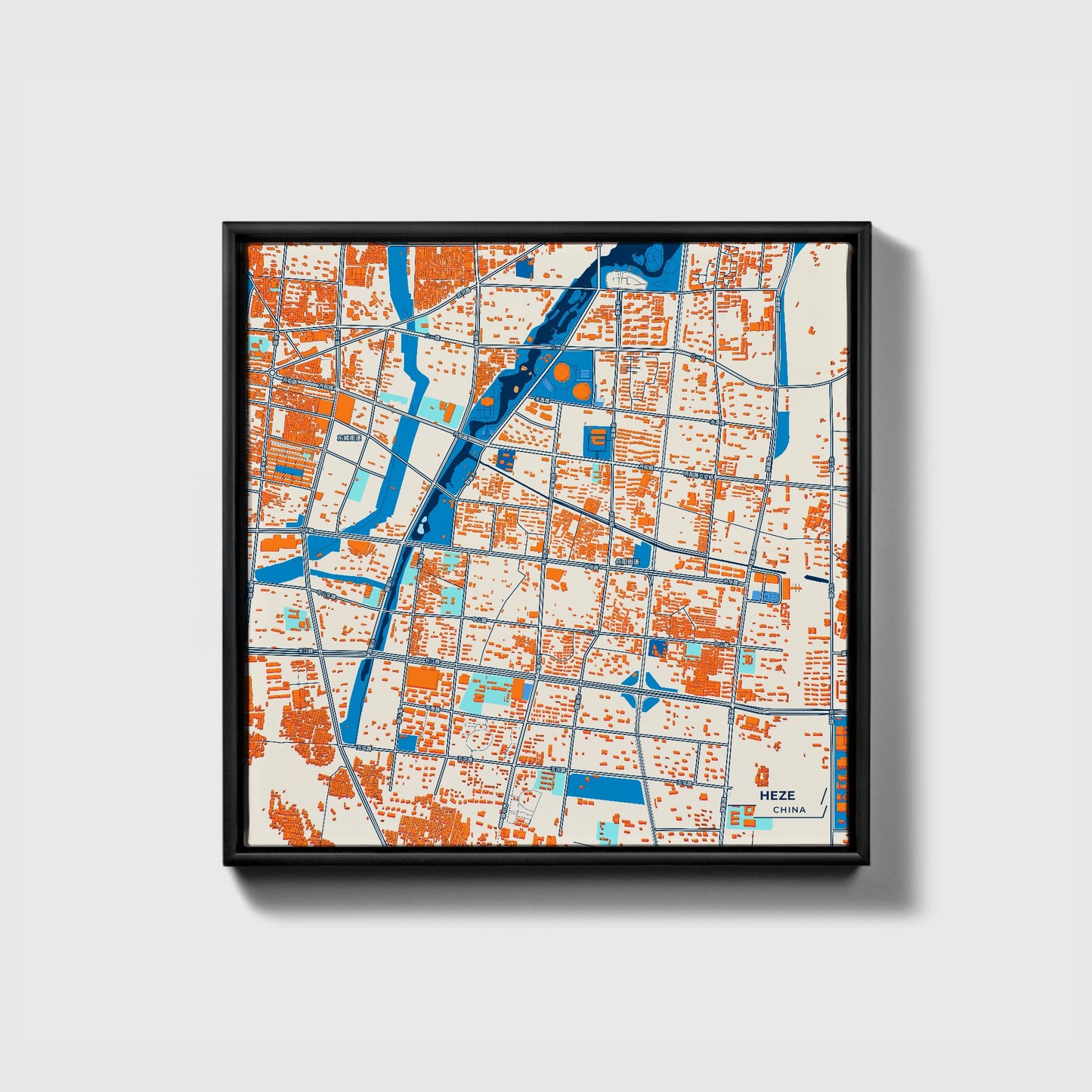 Heze China Colorful City Map Canvas Print • Black Framed