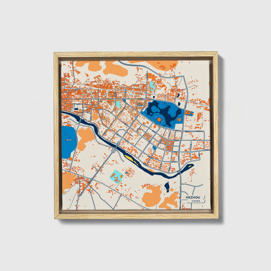 Hezhou China Colorful City Map Canvas Print • Natural Wooden Framed