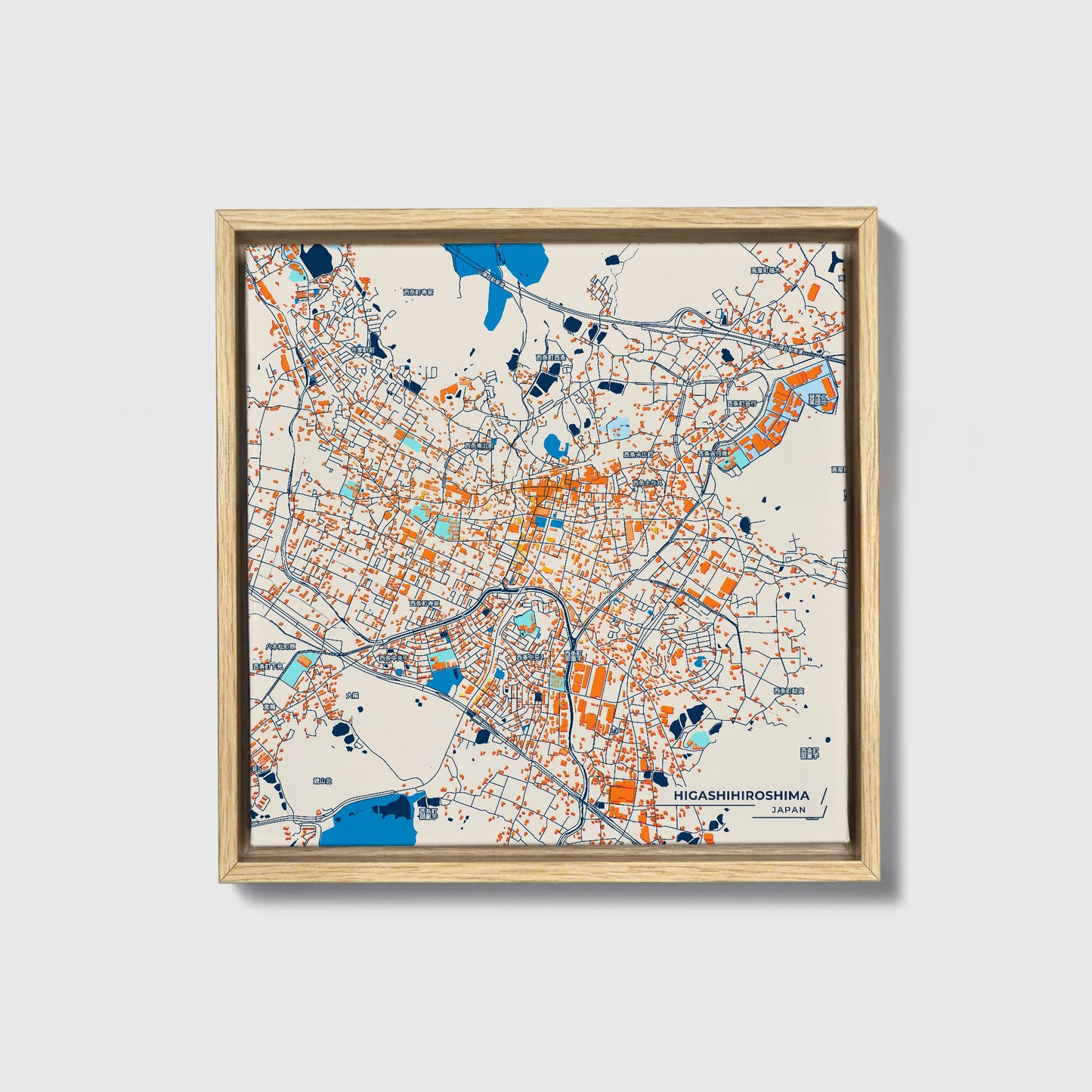Higashihiroshima Japan Colorful City Map Canvas Print • Natural Wooden Framed