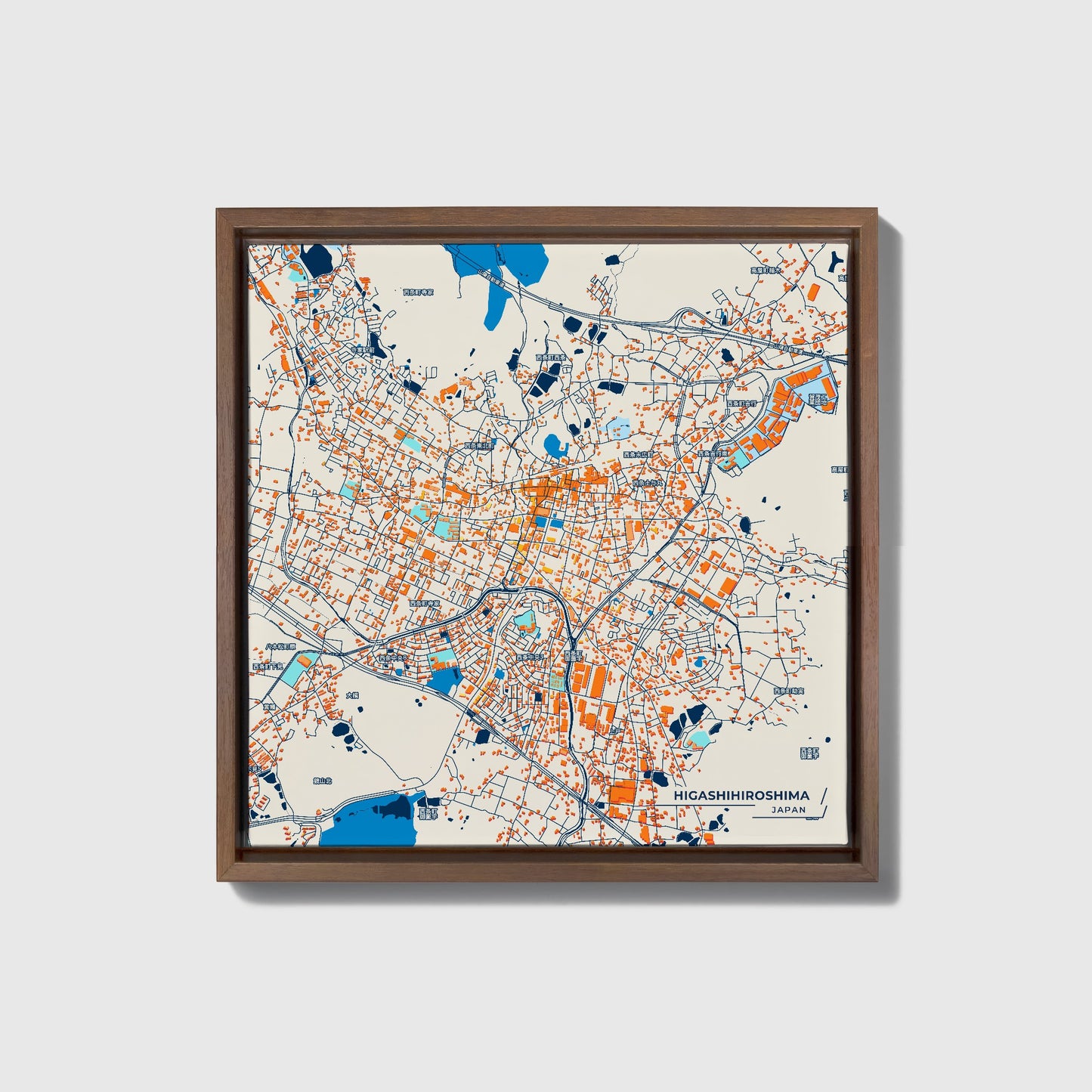 Higashihiroshima Japan Colorful City Map Canvas Print • Dark Wooden Framed