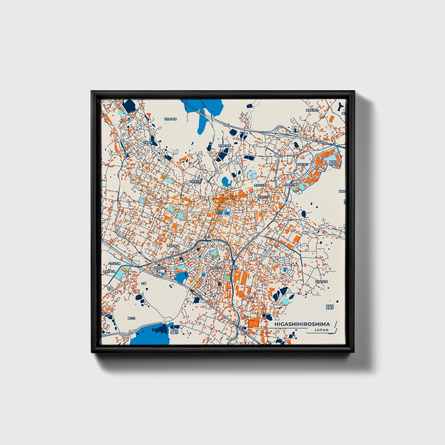 Higashihiroshima Japan Colorful City Map Canvas Print • Black Framed