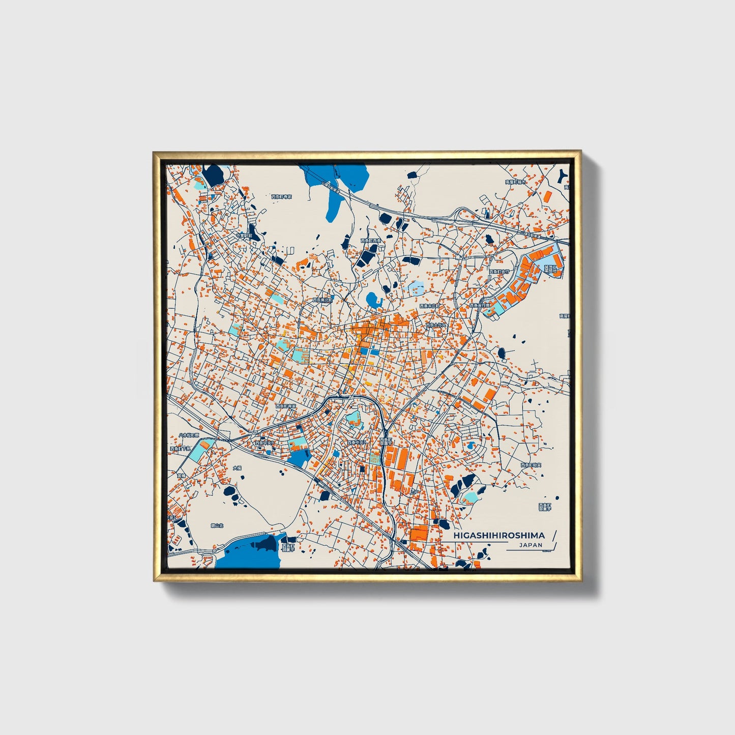Higashihiroshima Japan Colorful City Map Canvas Print • Gold Framed