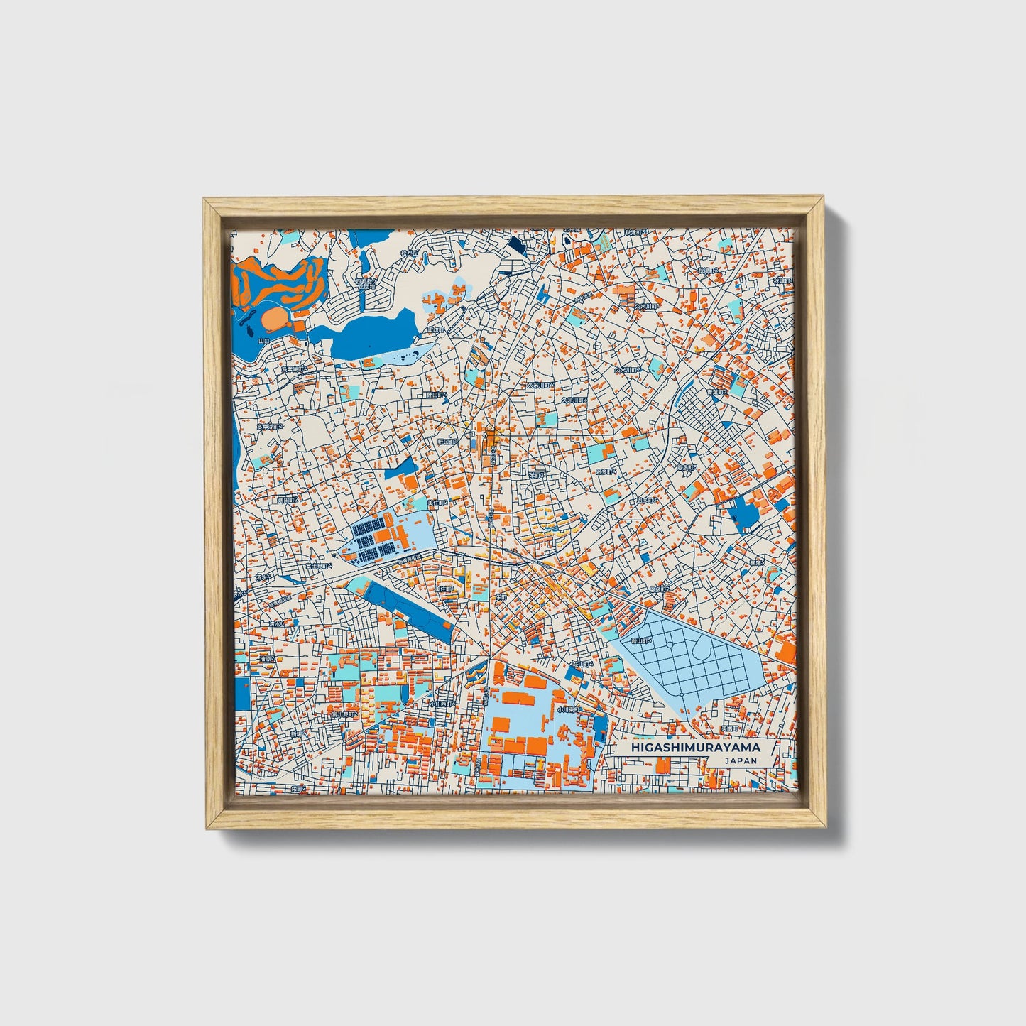 Higashimurayama Japan Colorful City Map Canvas Print • Natural Wooden Framed