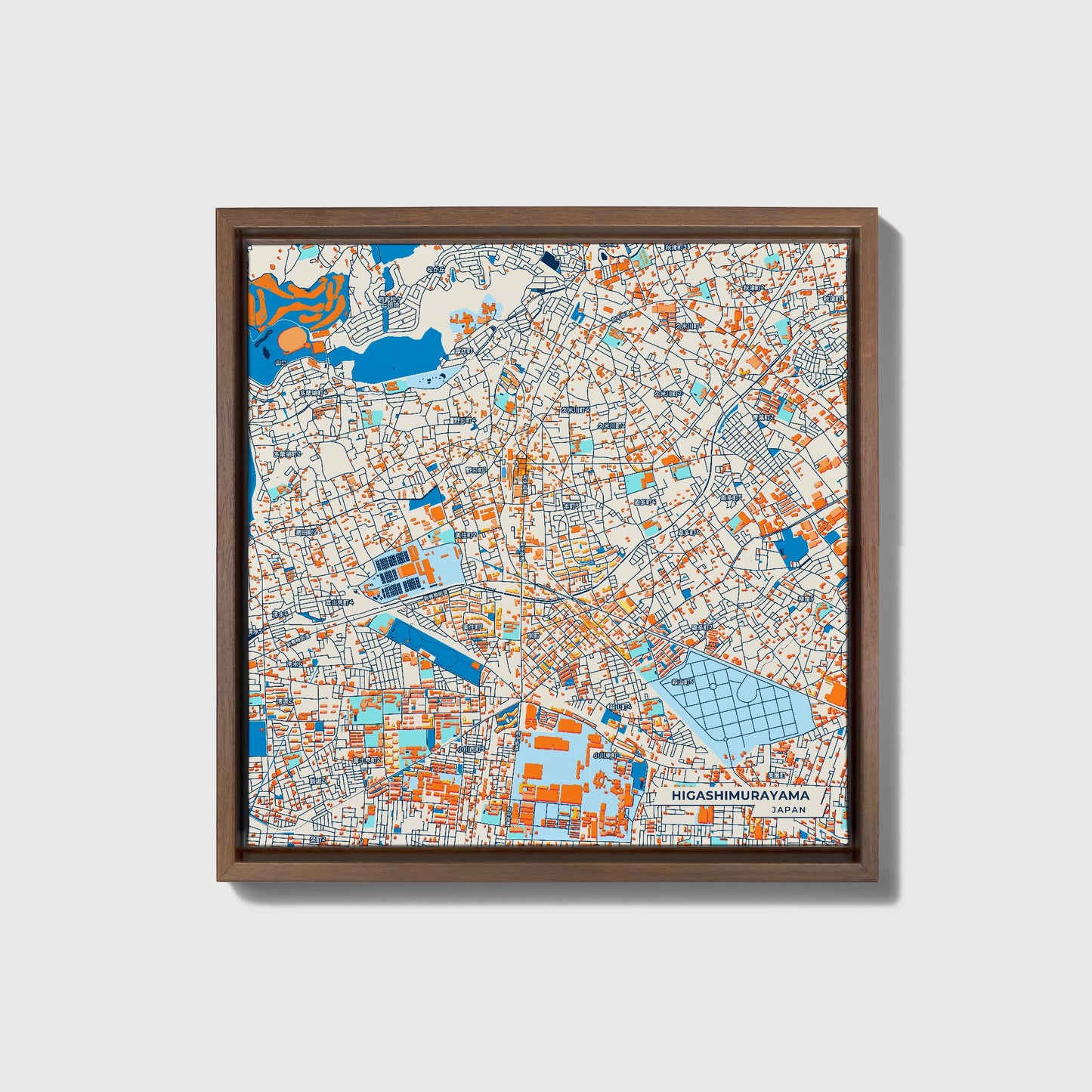 Higashimurayama Japan Colorful City Map Canvas Print • Dark Wooden Framed