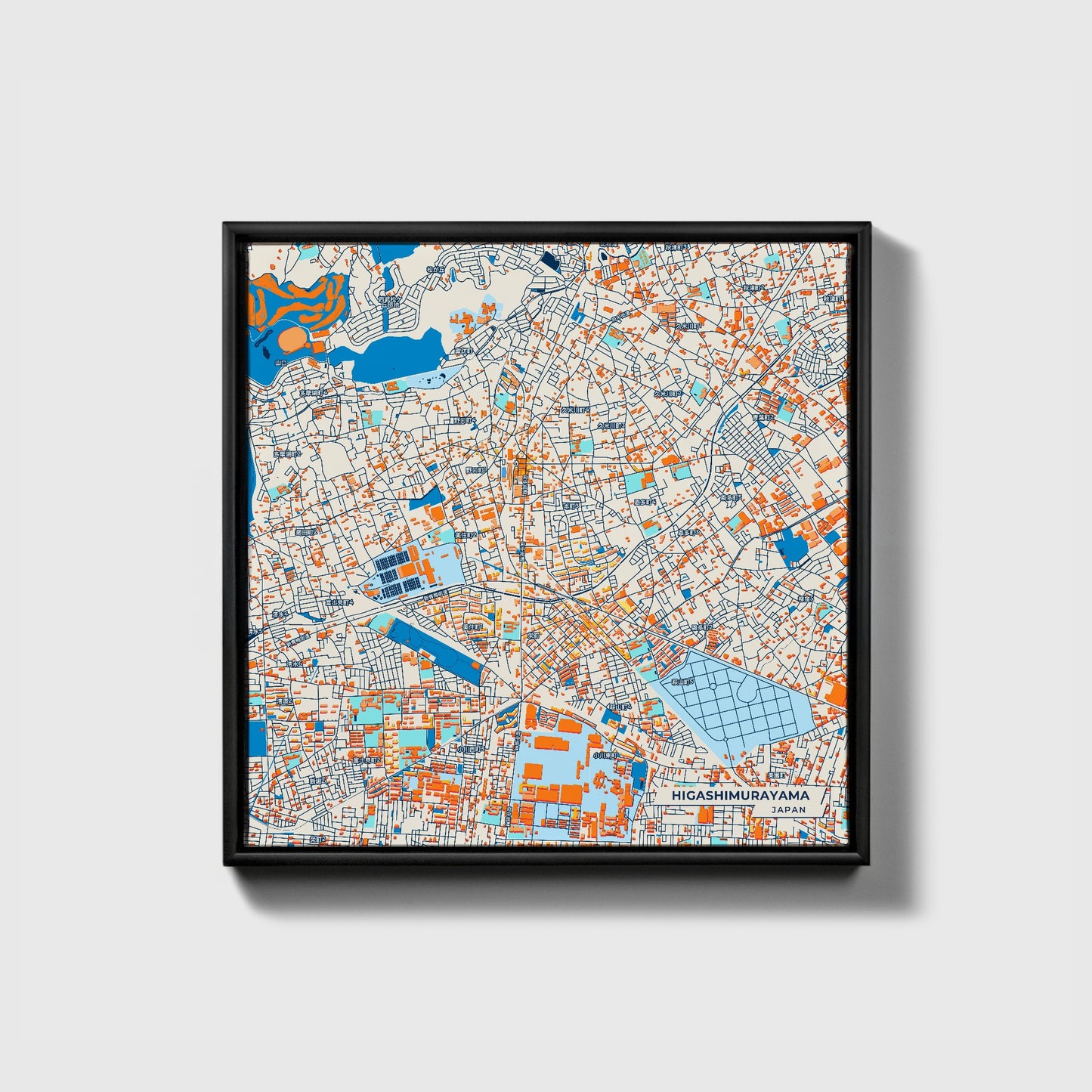 Higashimurayama Japan Colorful City Map Canvas Print • Black Framed