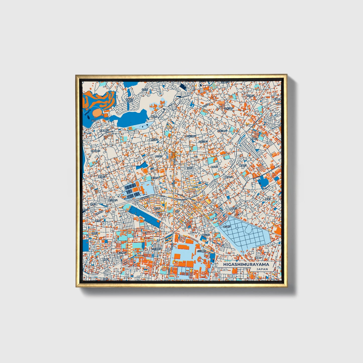 Higashimurayama Japan Colorful City Map Canvas Print • Gold Framed