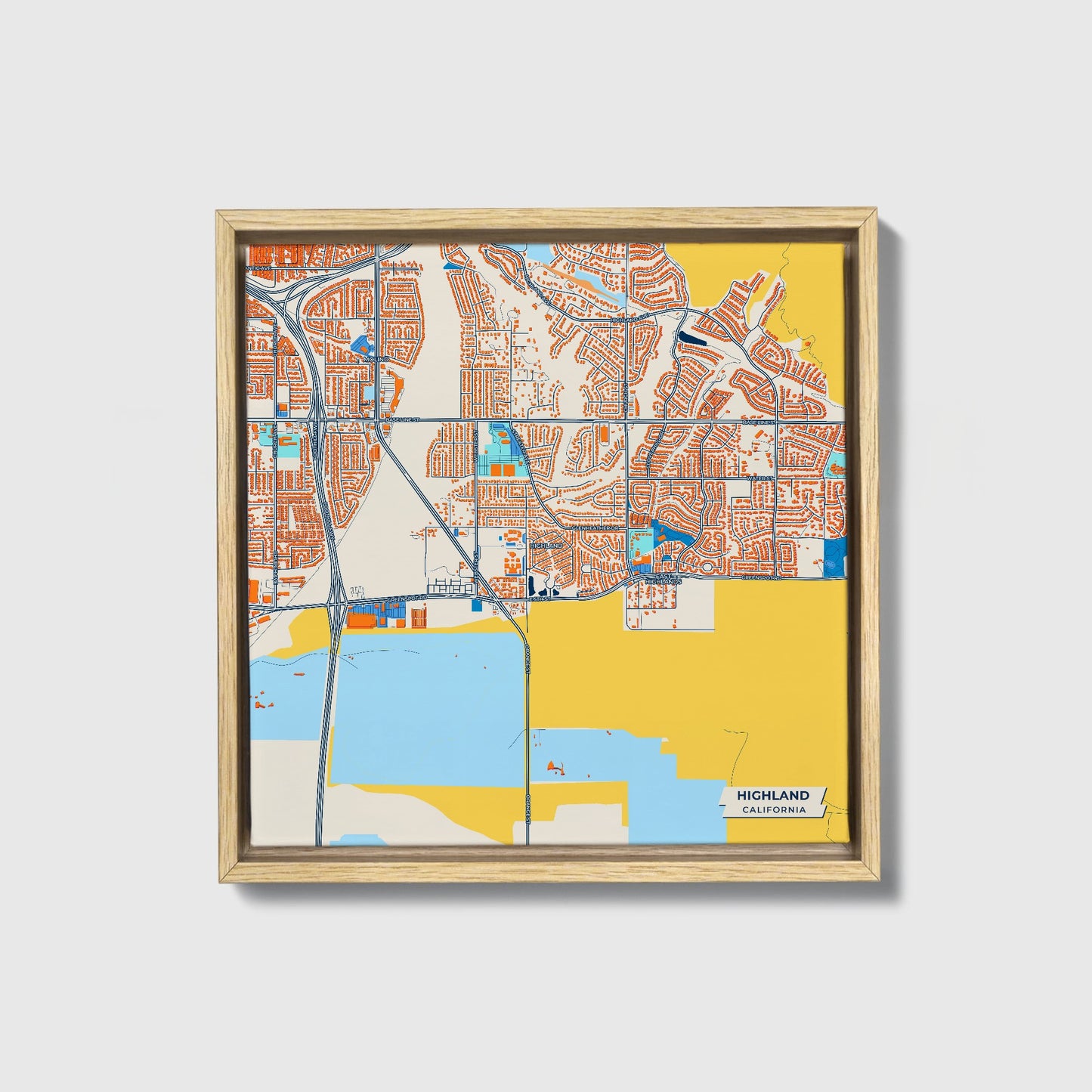 Highland California Colorful City Map Canvas Print • Natural Wooden Framed