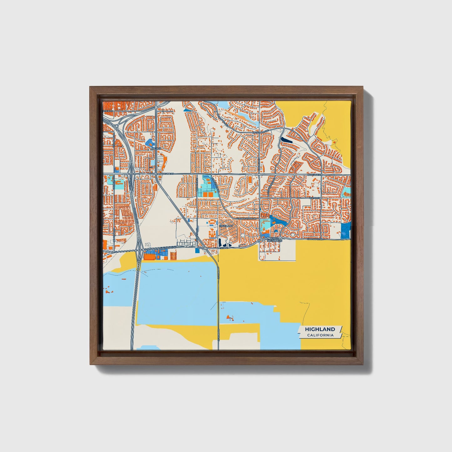 Highland California Colorful City Map Canvas Print • Dark Wooden Framed