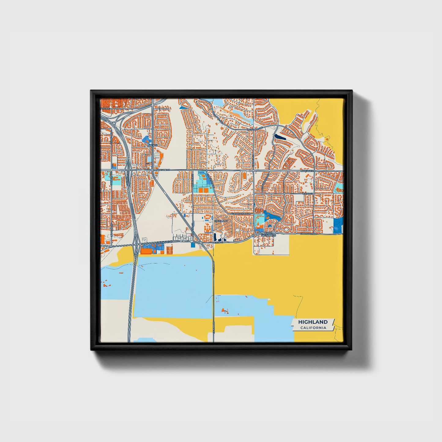Highland California Colorful City Map Canvas Print • Black Framed