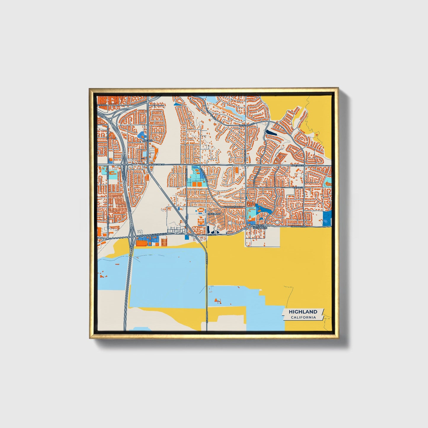 Highland California Colorful City Map Canvas Print • Gold Framed