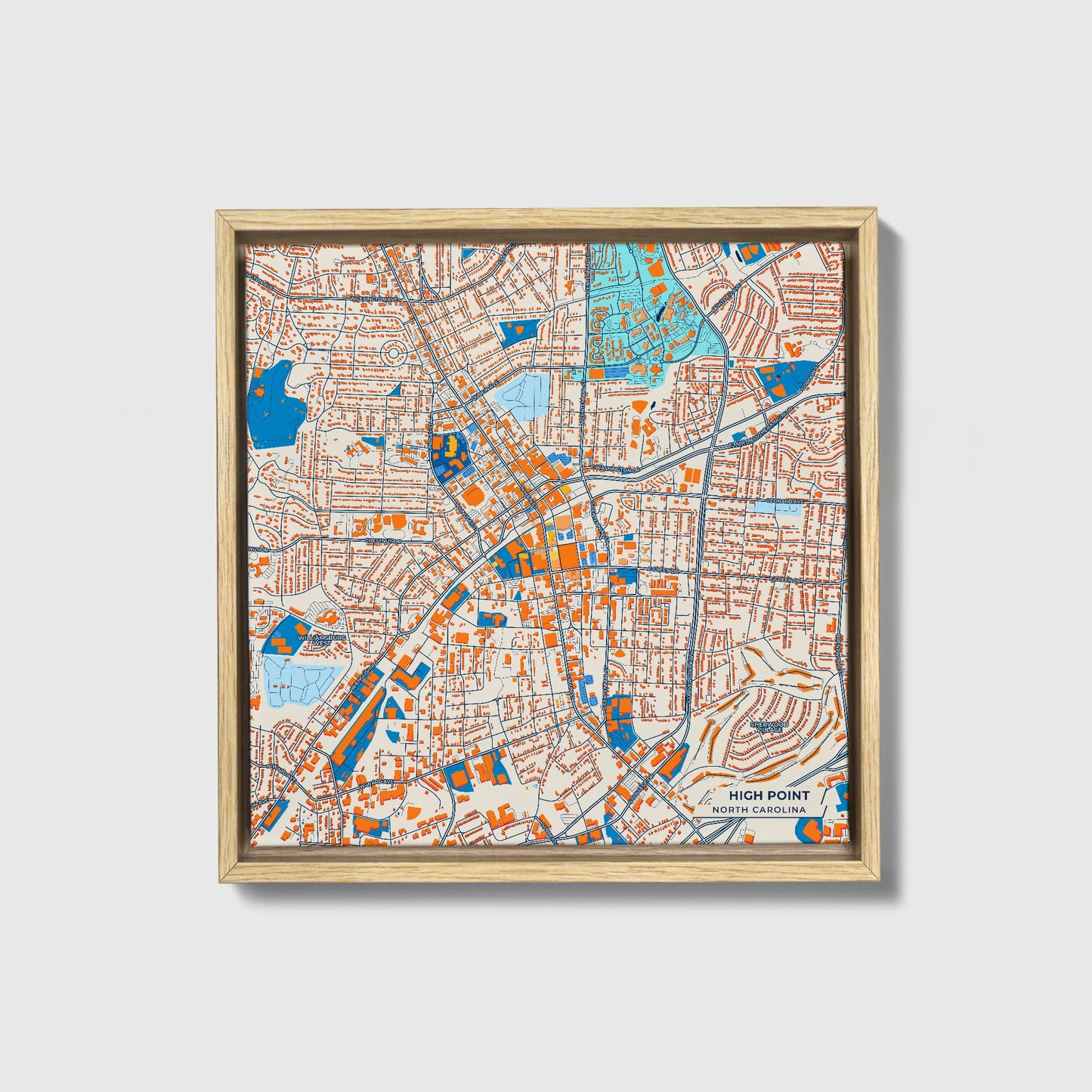 High Point North Carolina Colorful City Map Canvas Print • Natural Wooden Framed
