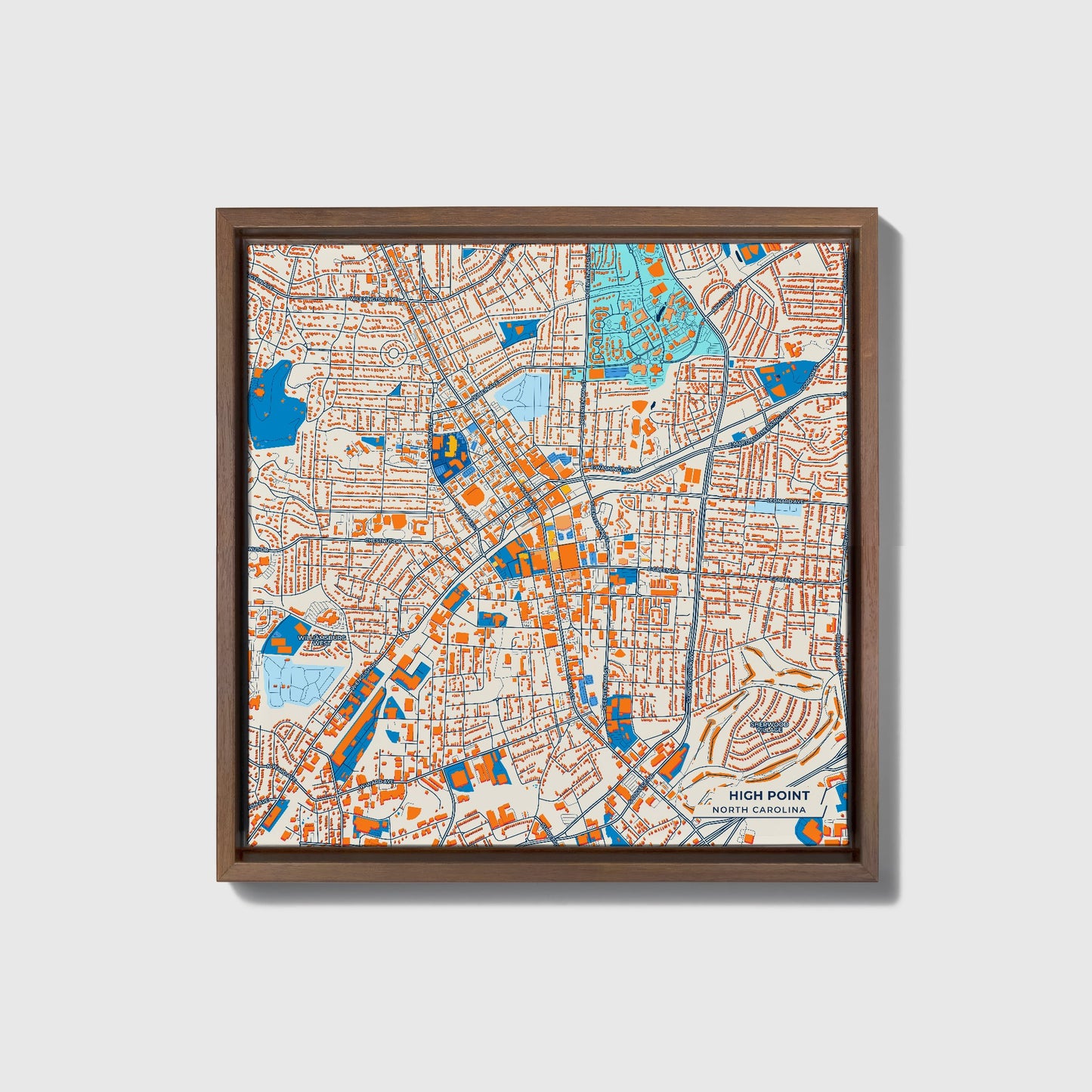 High Point North Carolina Colorful City Map Canvas Print • Dark Wooden Framed