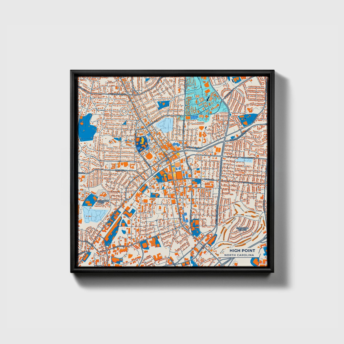 High Point North Carolina Colorful City Map Canvas Print • Black Framed