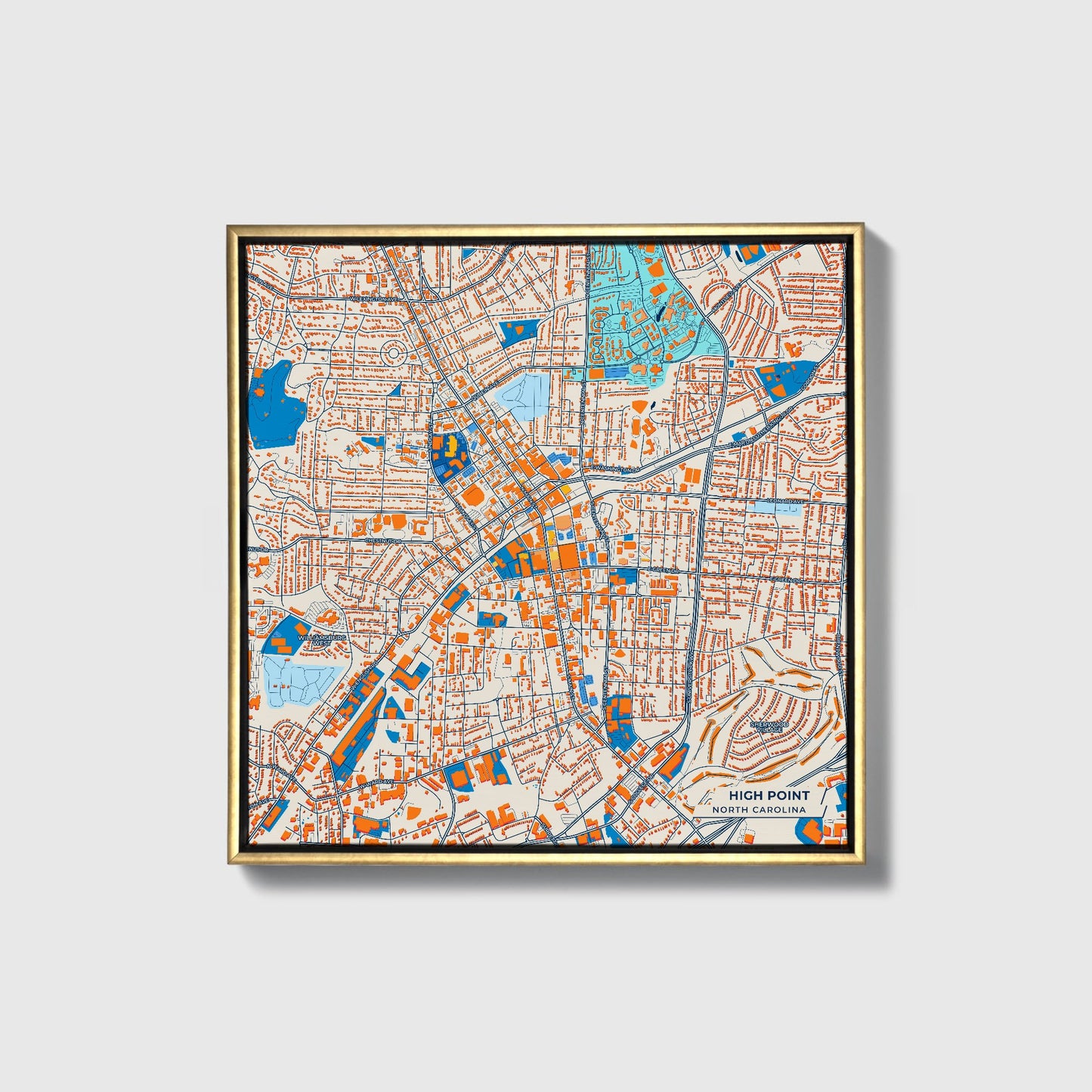 High Point North Carolina Colorful City Map Canvas Print • Gold Framed