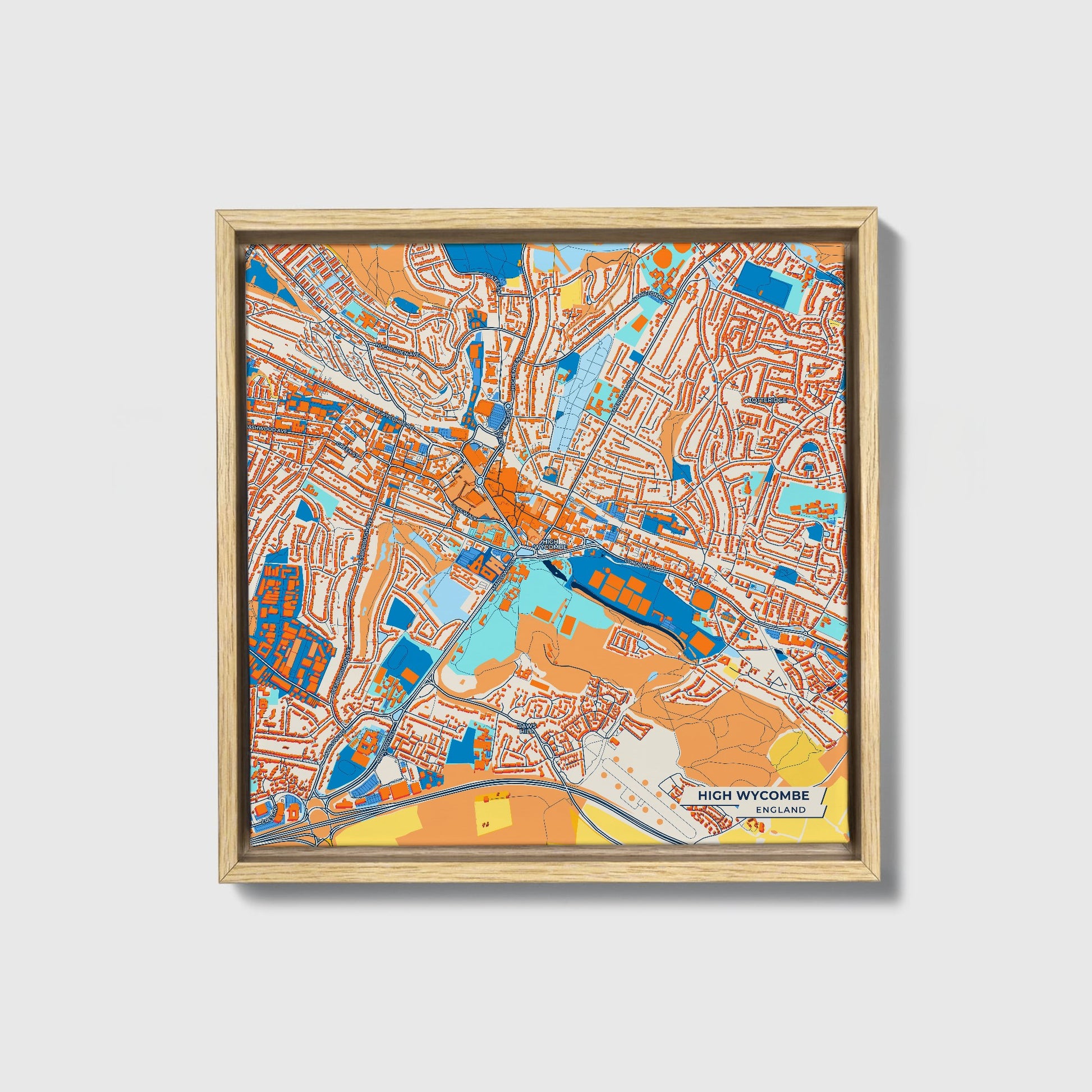 High Wycombe England Colorful City Map Canvas Print • Natural Wooden Framed