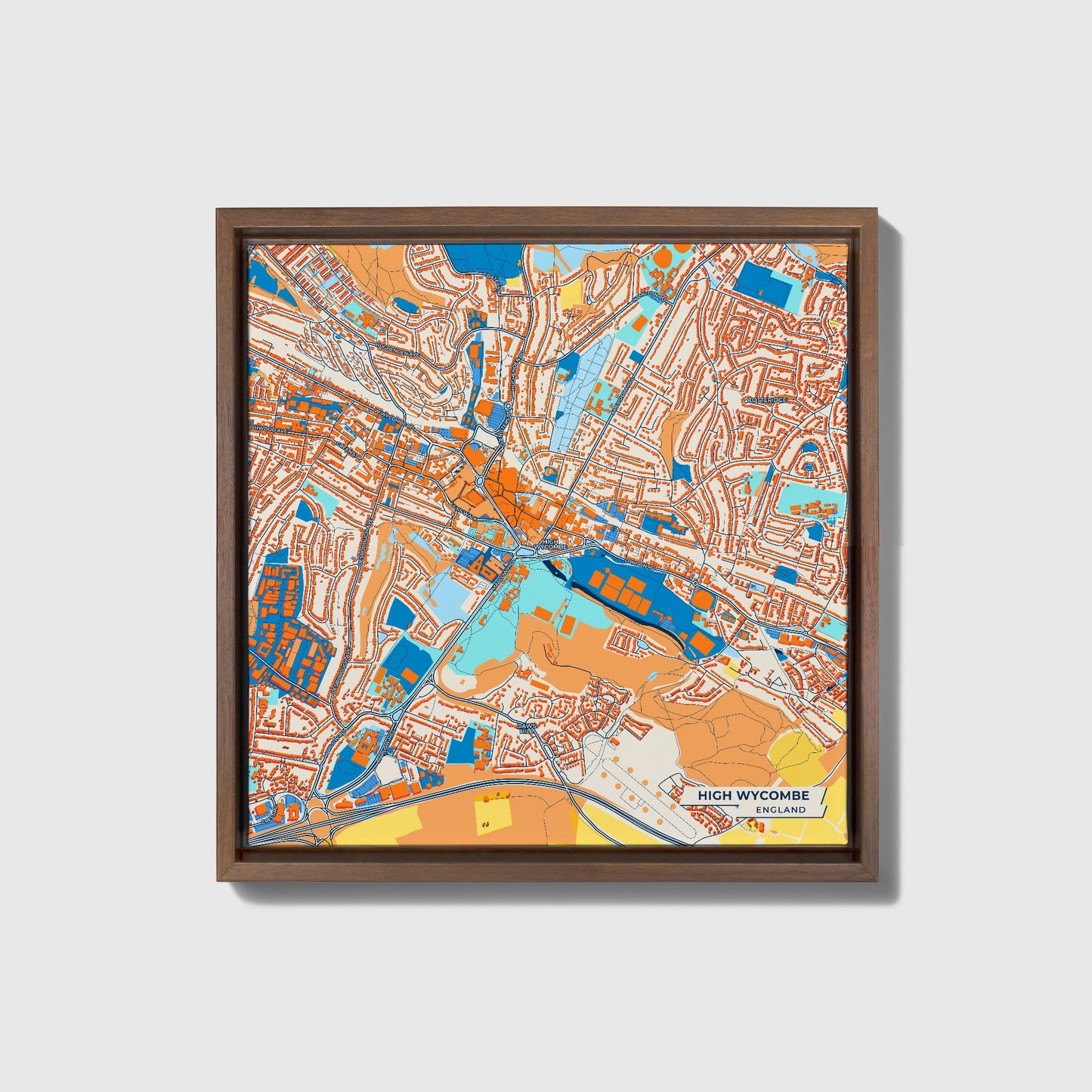 High Wycombe England Colorful City Map Canvas Print • Dark Wooden Framed