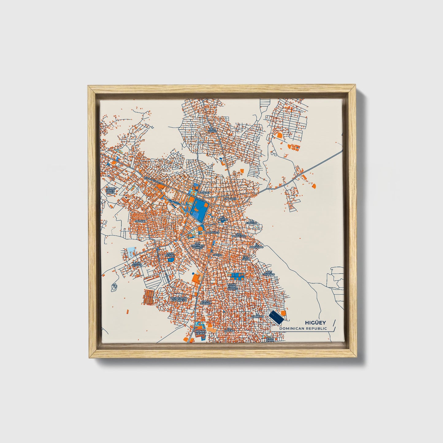Higüey Dominican Republic Colorful City Map Canvas Print • Natural Wooden Framed