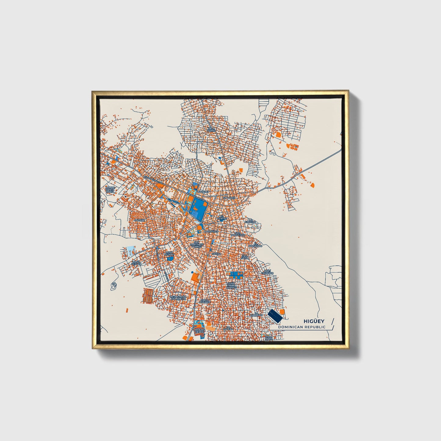 Higüey Dominican Republic Colorful City Map Canvas Print • Gold Framed